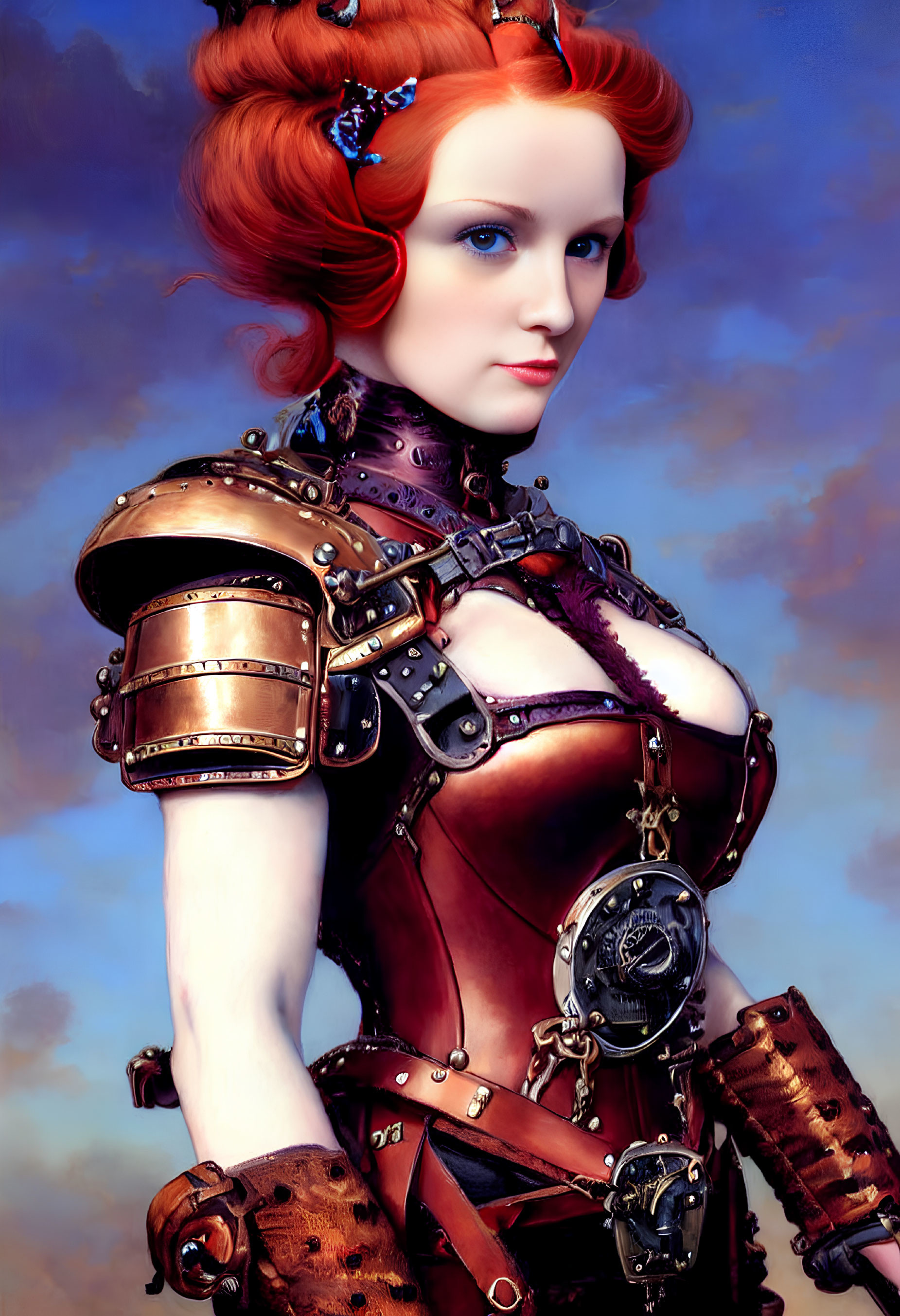 Digital artwork: Woman with red hair in steampunk armor & blue flowers