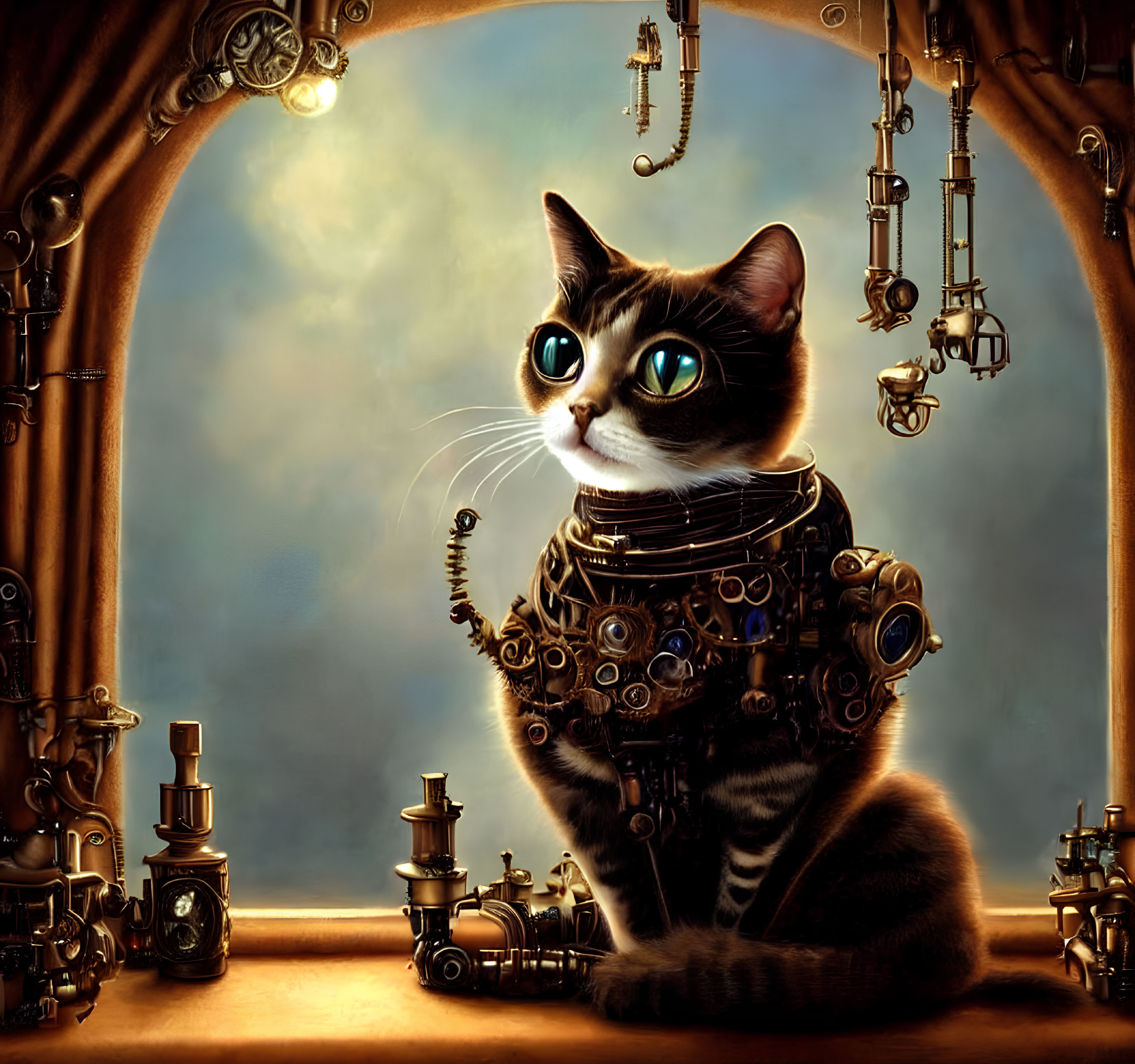 Steampunk-style illustration of mechanical cat in industrial room