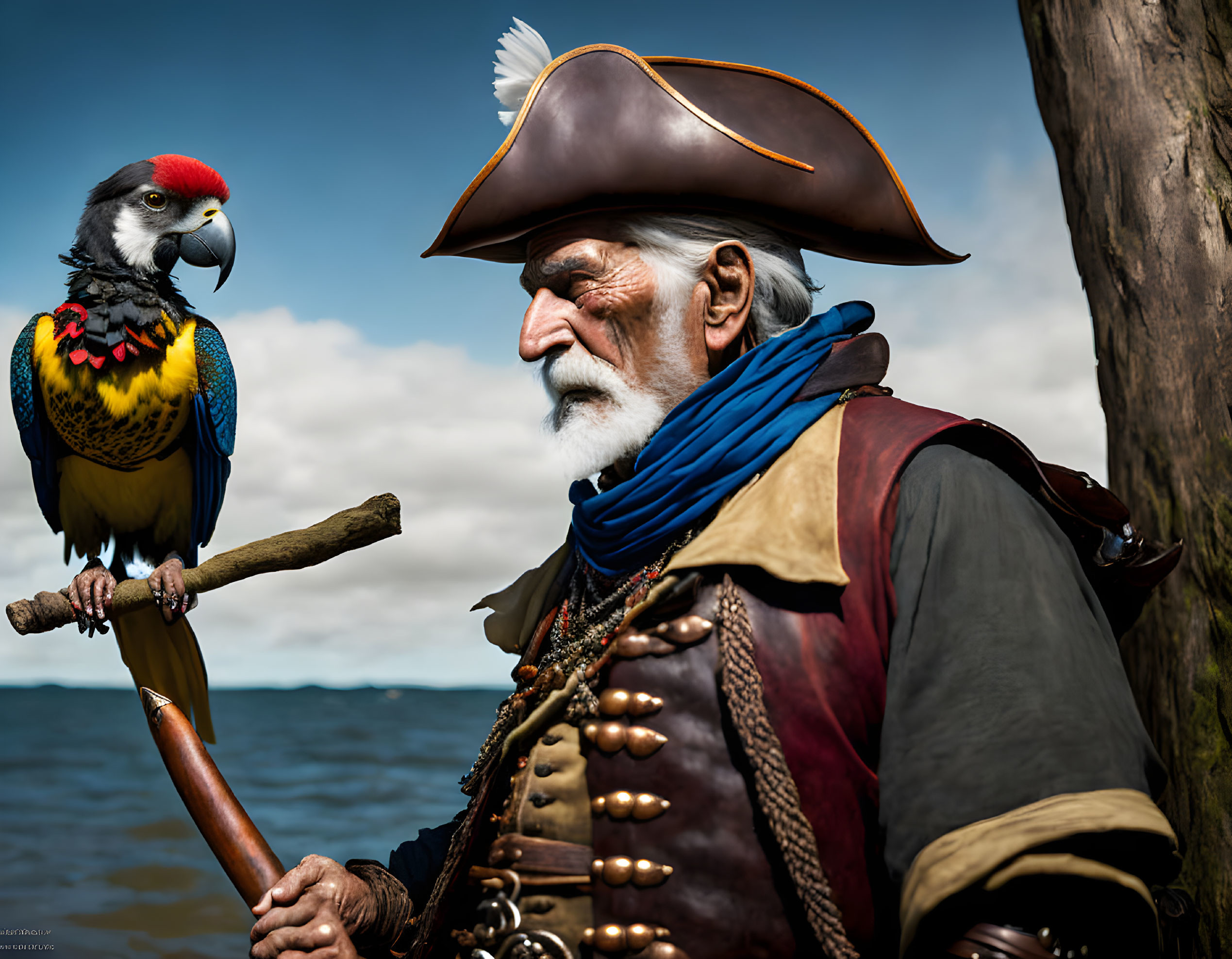 Elderly pirate with tricorn hat and parrot by the sea, featuring blue scarf