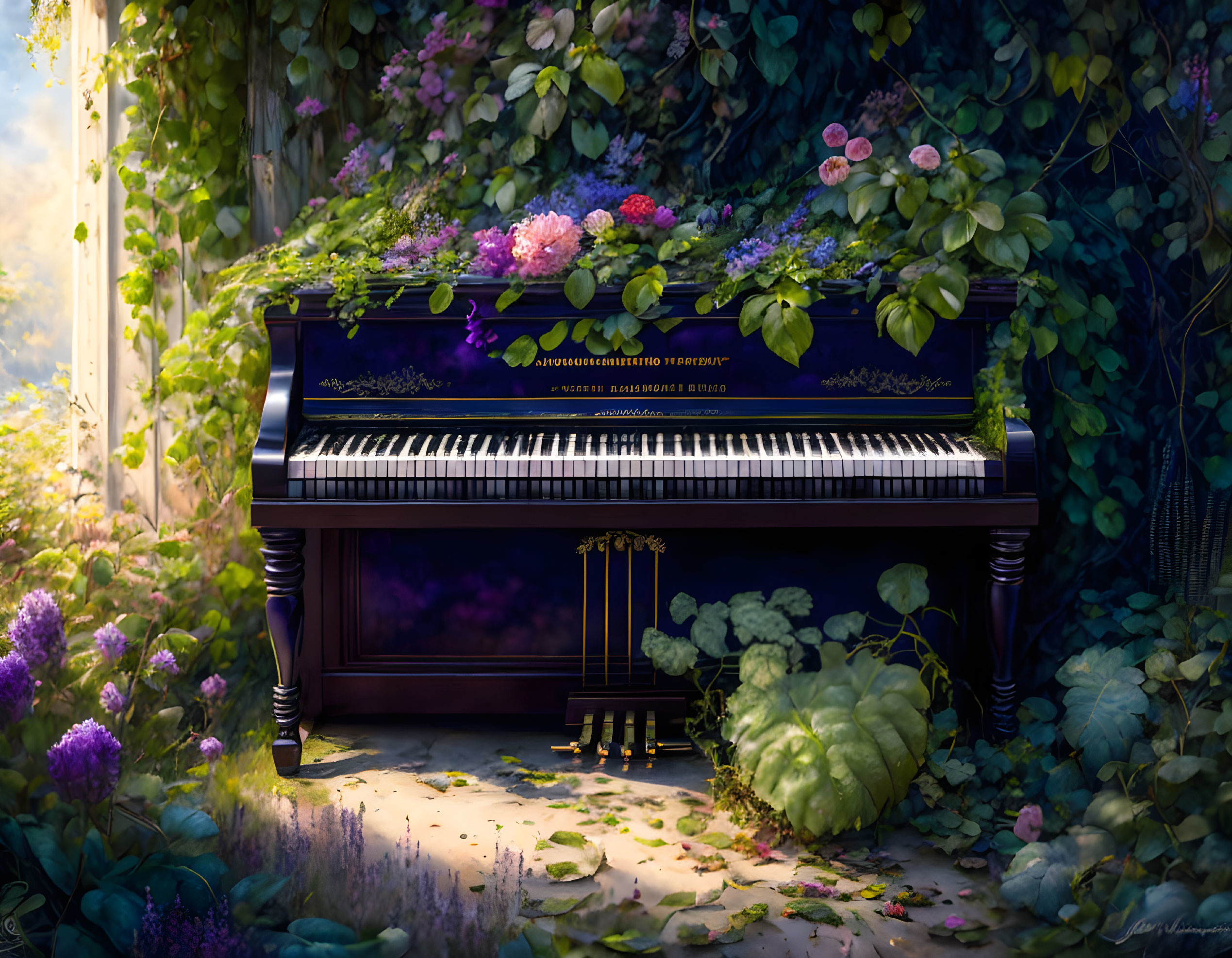 Floral-adorned piano in serene garden sunlight