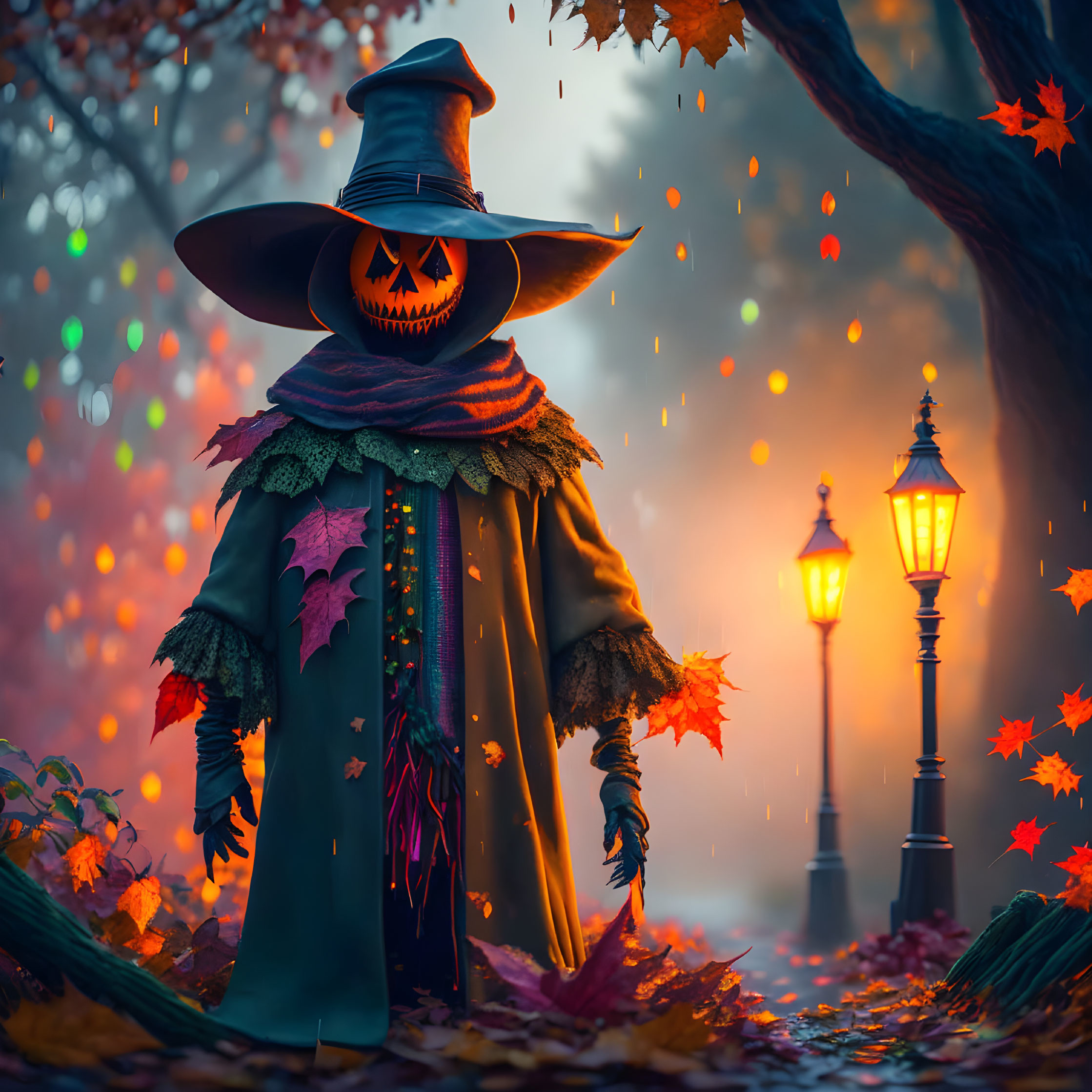 Mystical forest scene with pumpkin-headed figure in cloak and hat