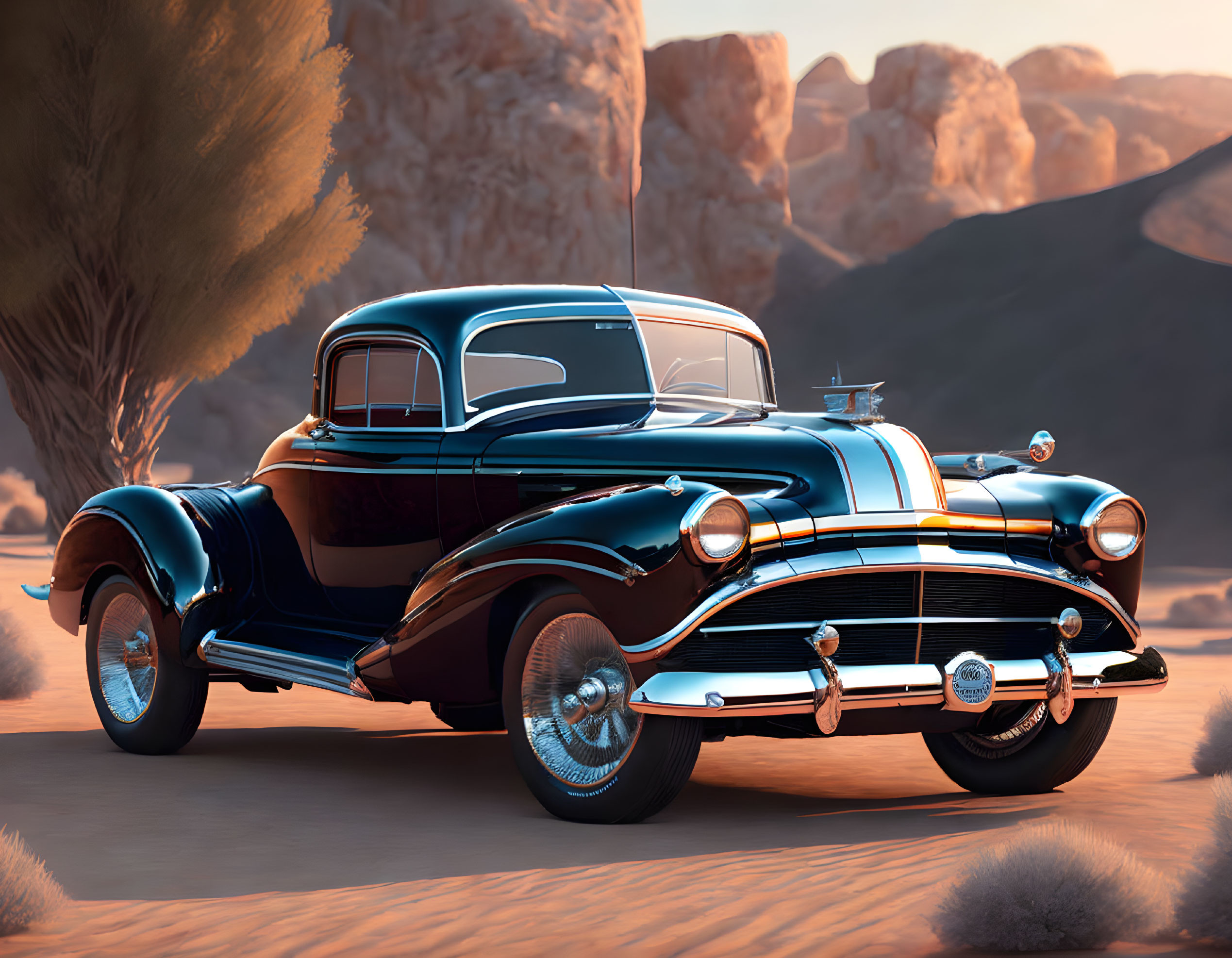 Vintage Black Car in Desert Setting with Golden Hour Lighting