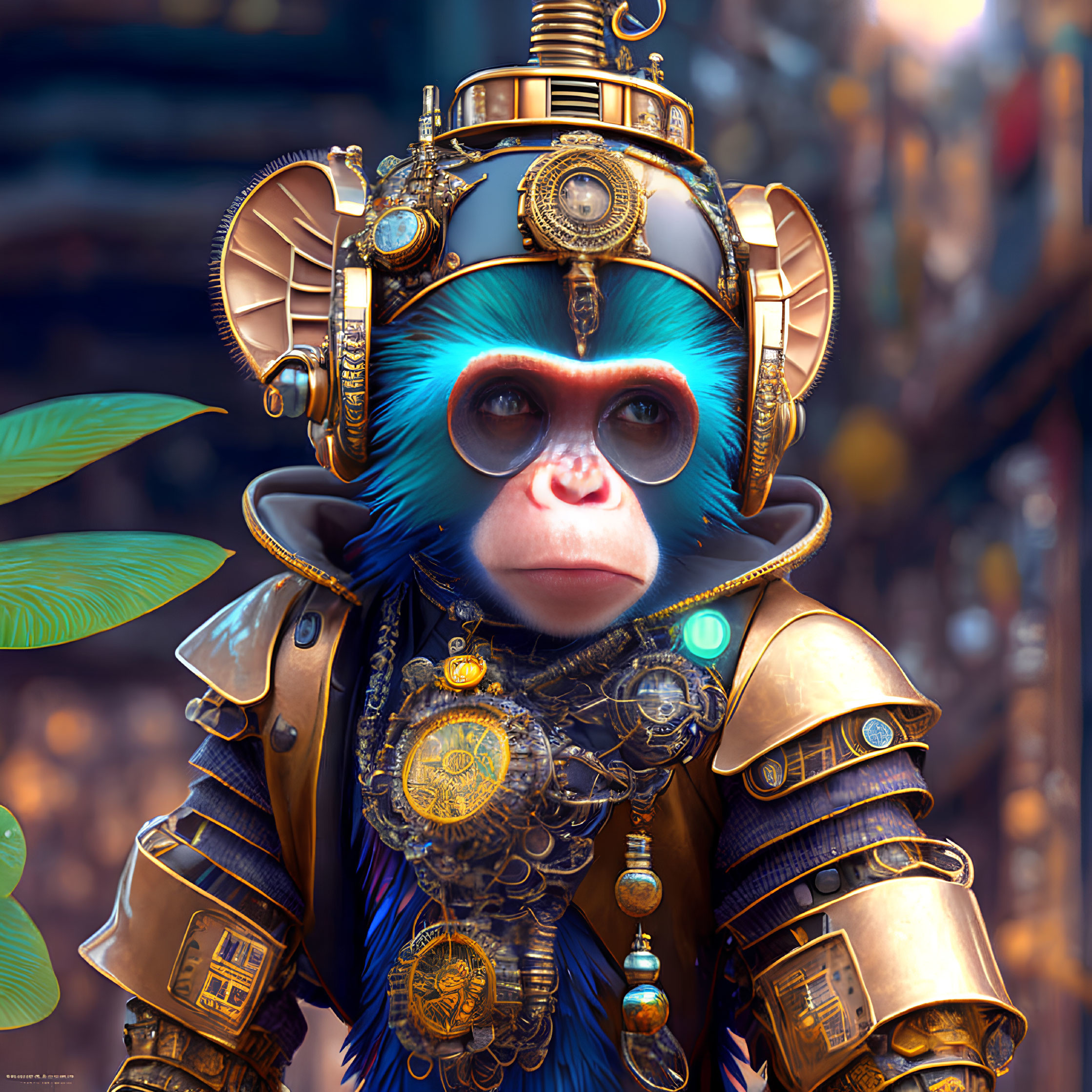 Steampunk-inspired monkey with blue face in armor against urban backdrop