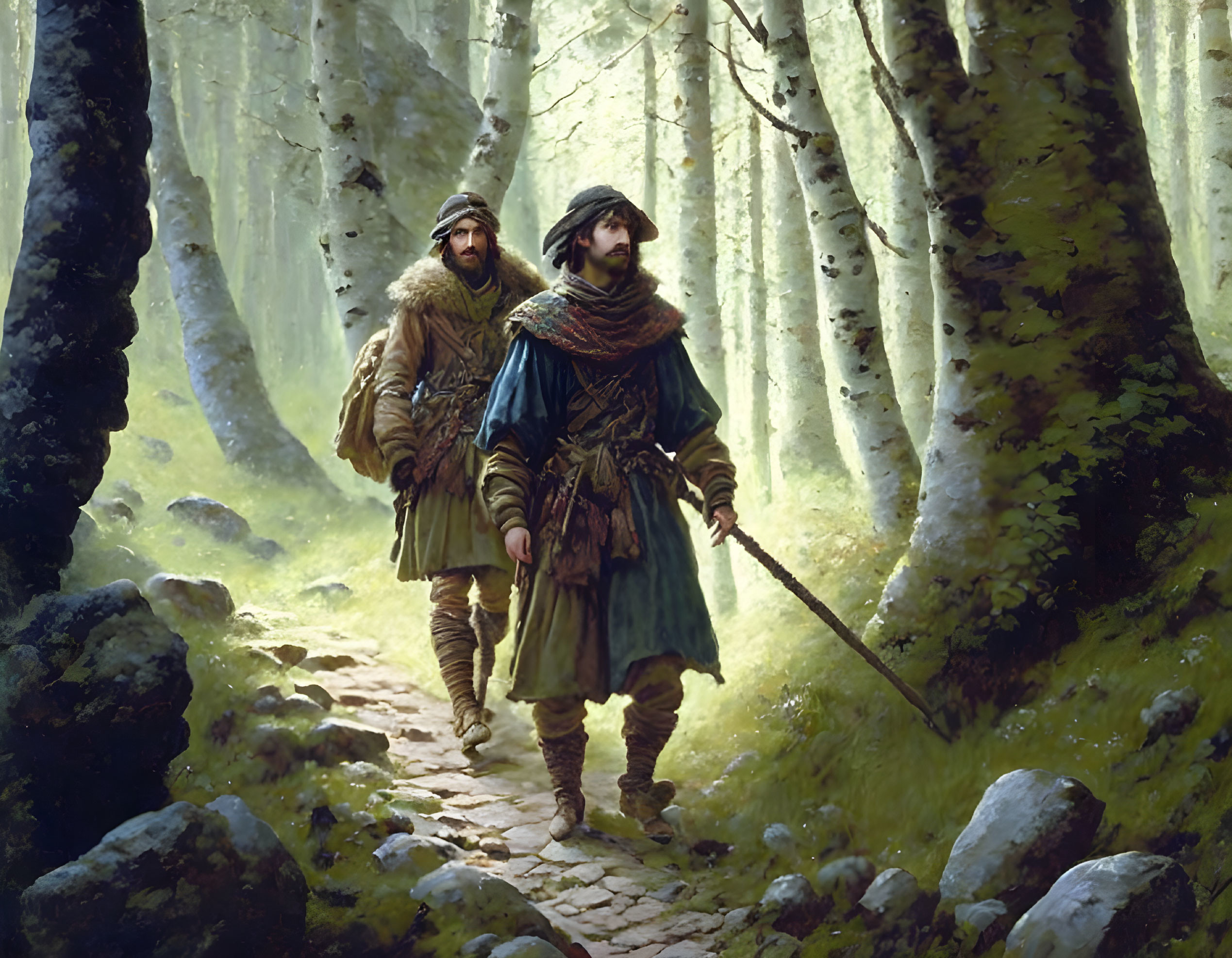 Medieval travelers in cloaks walking in foggy birch forest