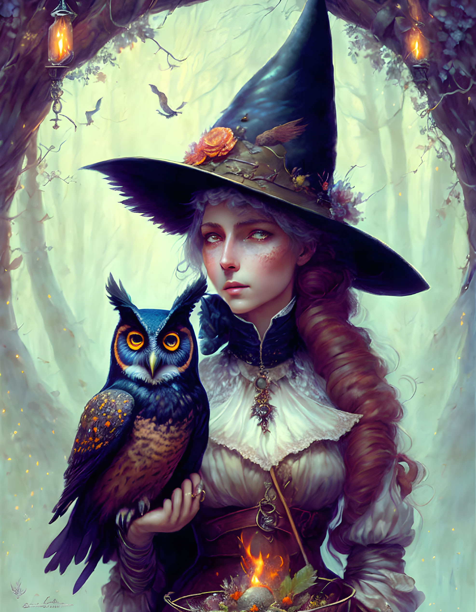 Fantastical witch with owl in mystical forest setting