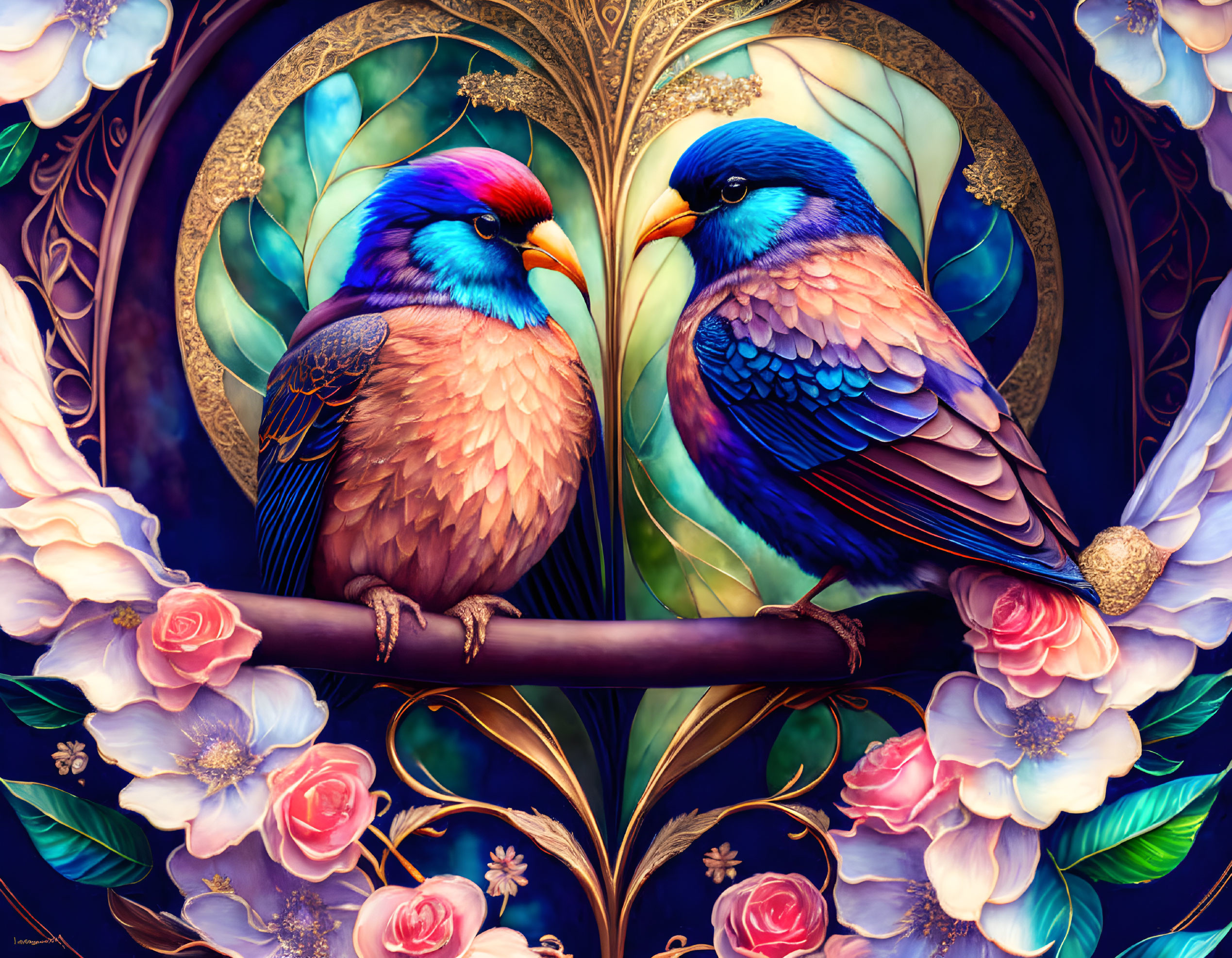 Colorful Birds on Branch with Pink Roses and Circular Patterns