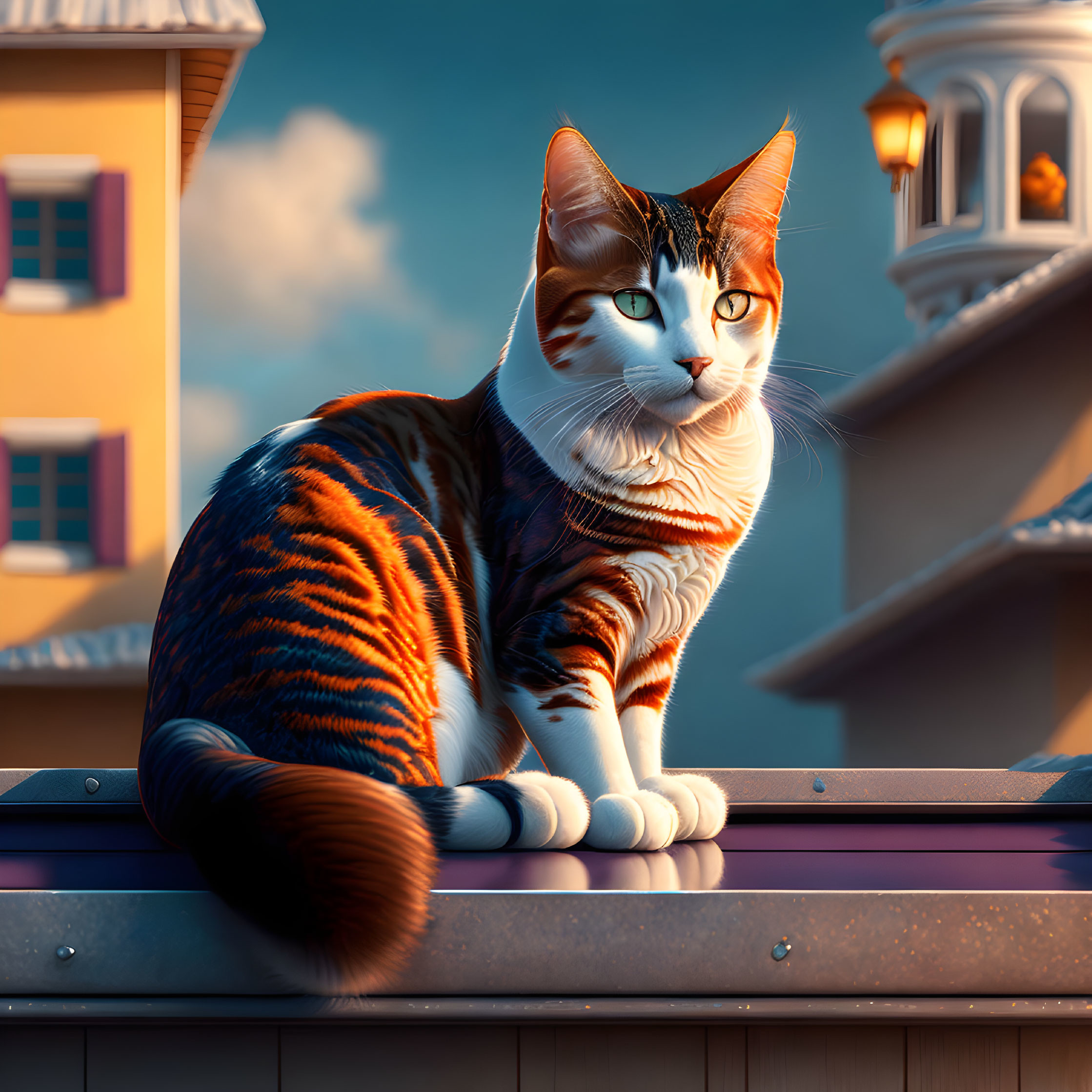 Illustrated cat with blue eyes on ledge against twilight sky and Mediterranean buildings