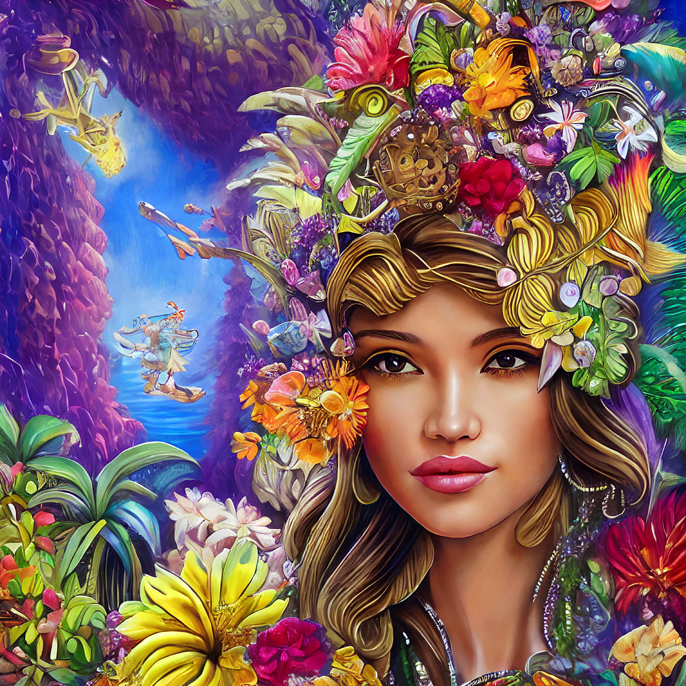 Colorful Woman Illustration with Floral Headdress and Fantasy Background