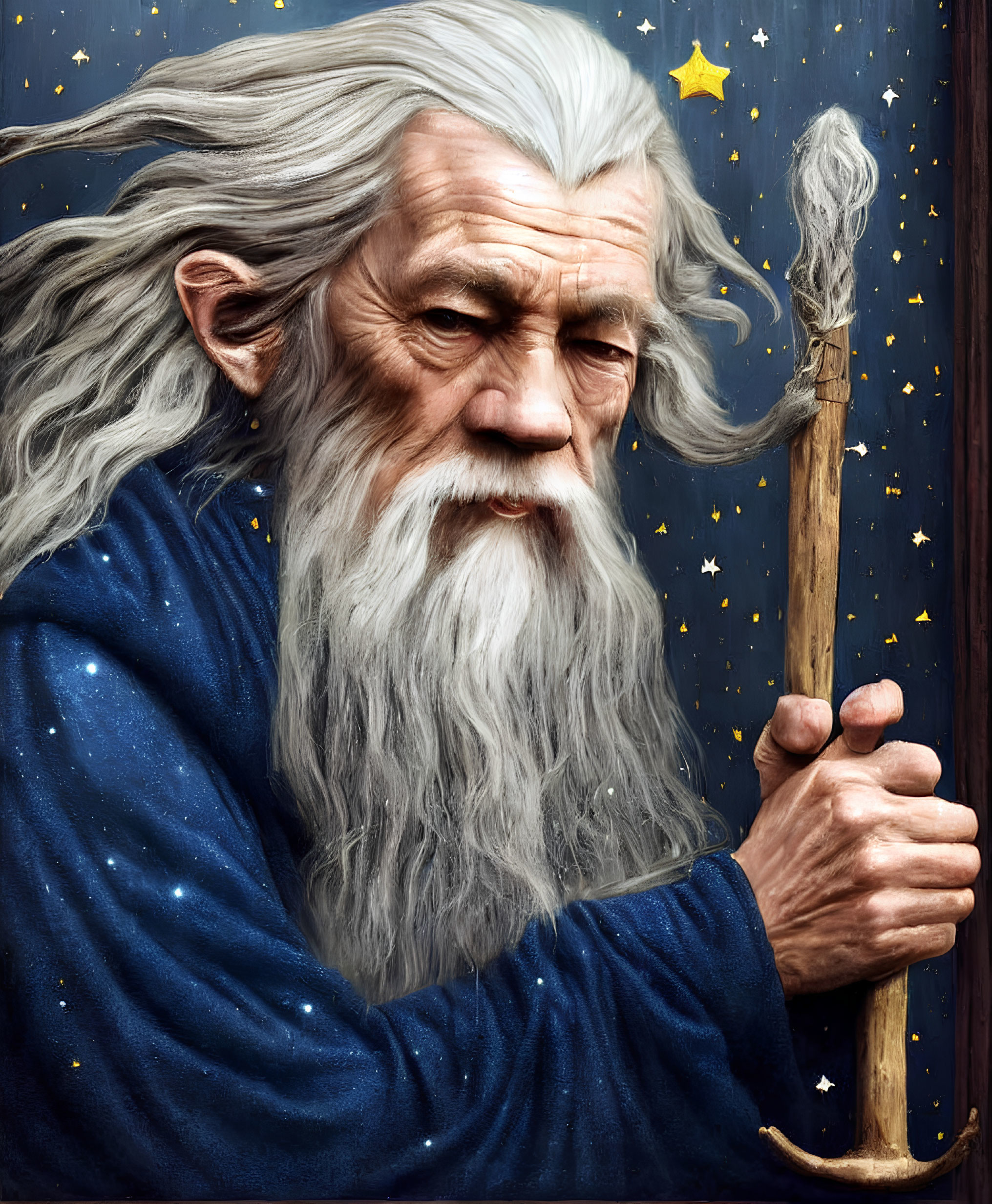 Elderly wizard with long beard holding staff in starry window scene