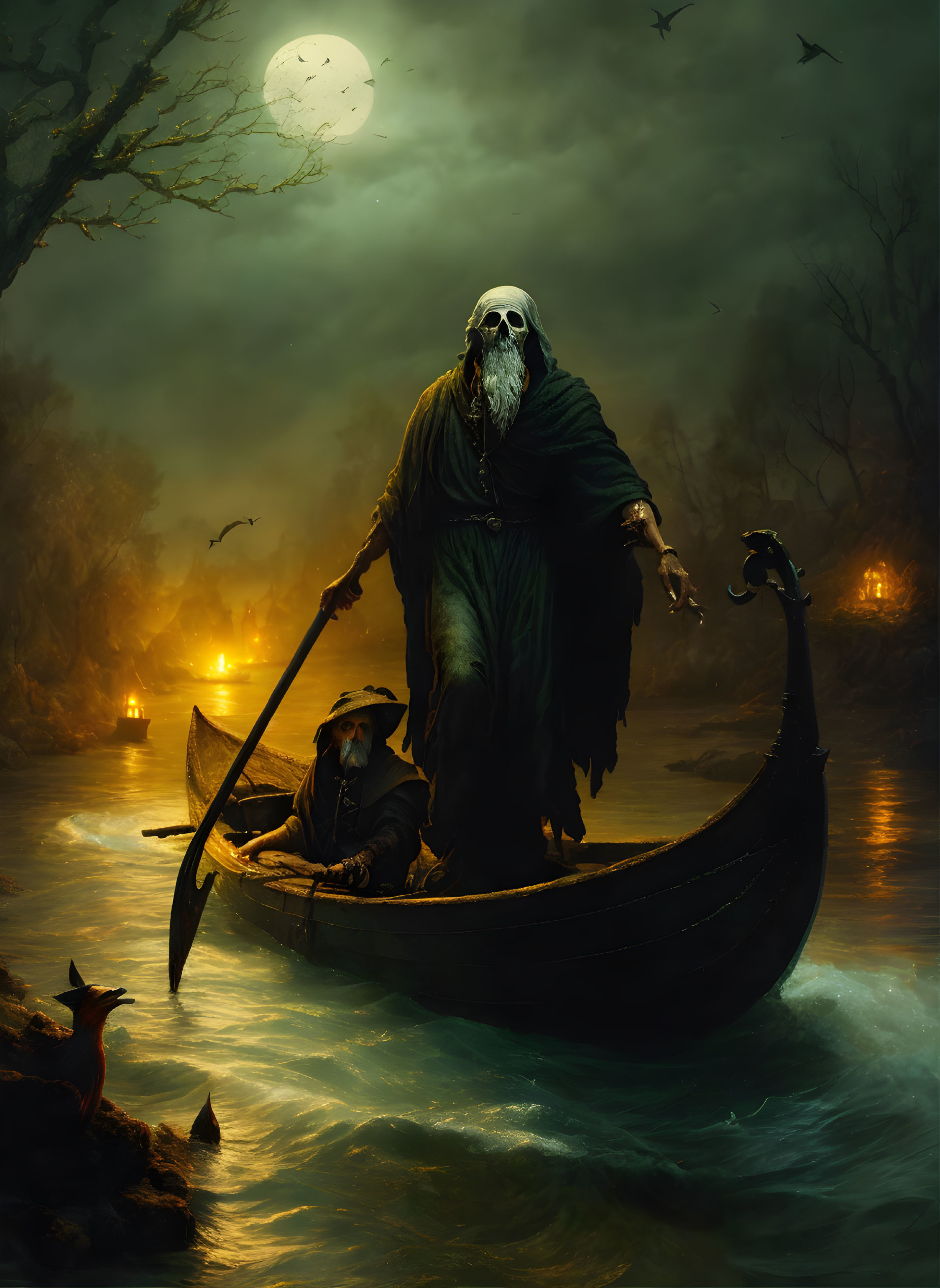 Mysterious cloaked figure with skull mask in boat with oar, hooded companion, and fox