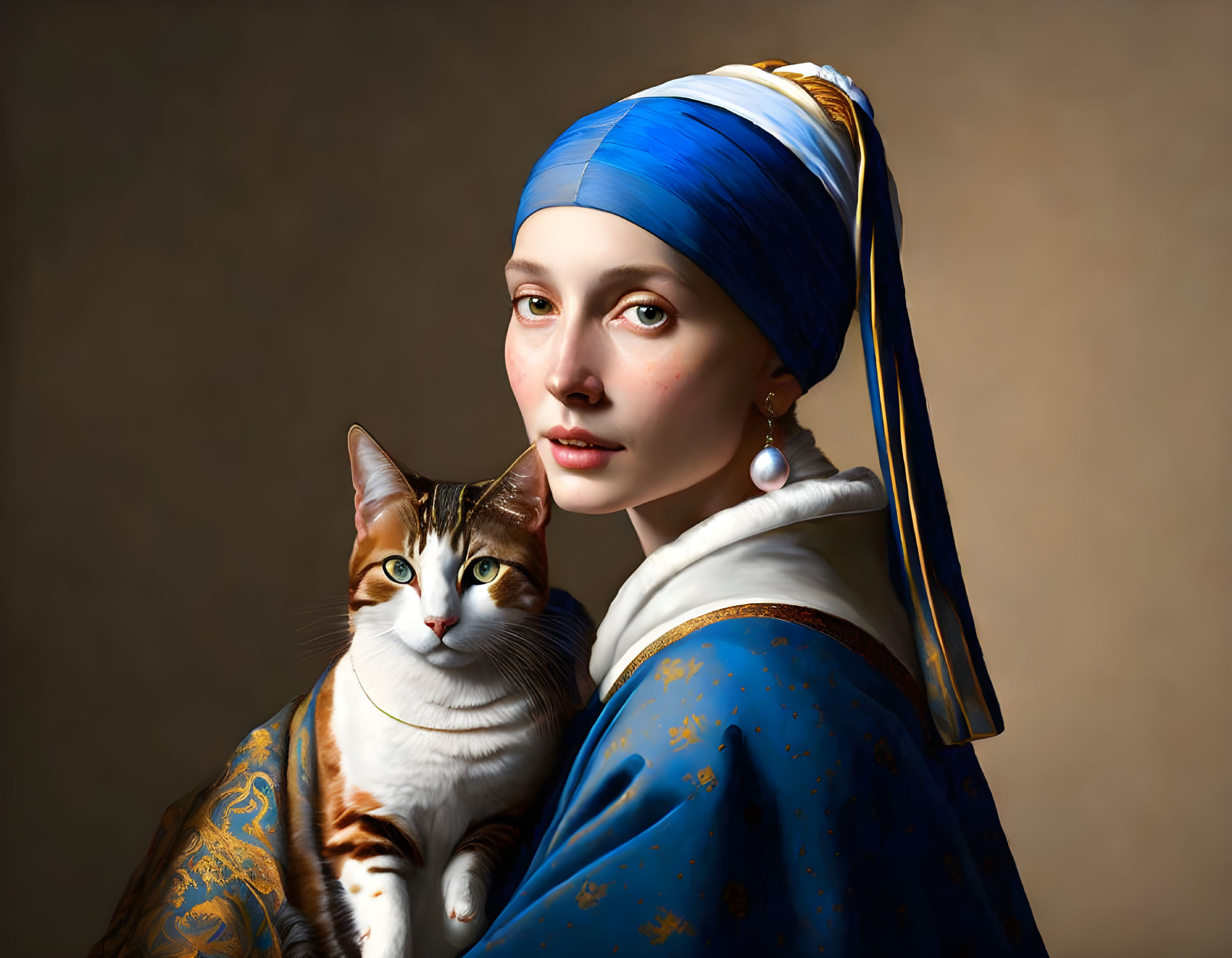 Woman in Blue and White Turban with Calico Cat in Classical Portrait Pose