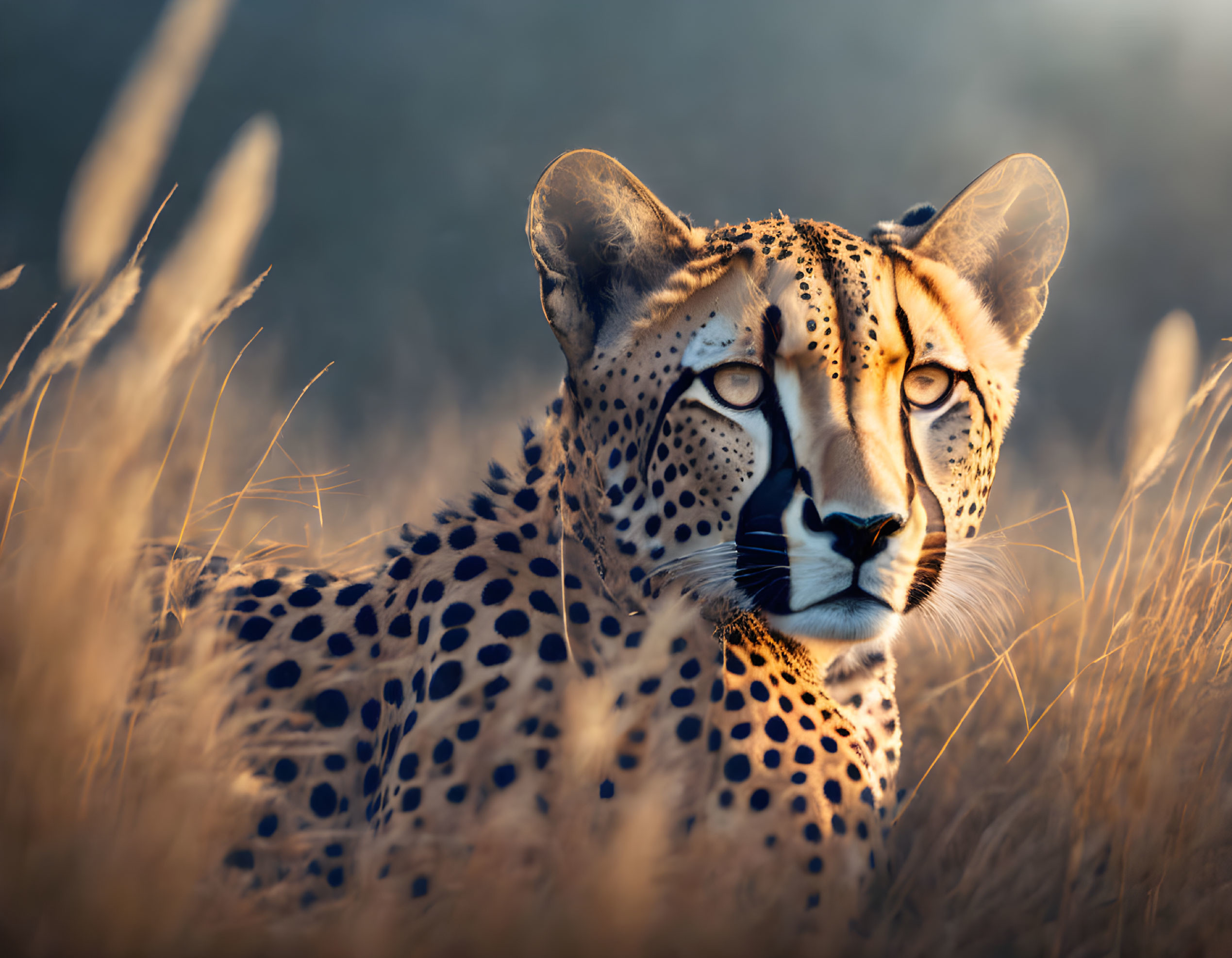 Cheetah resting in golden grass under the sun's warm glow