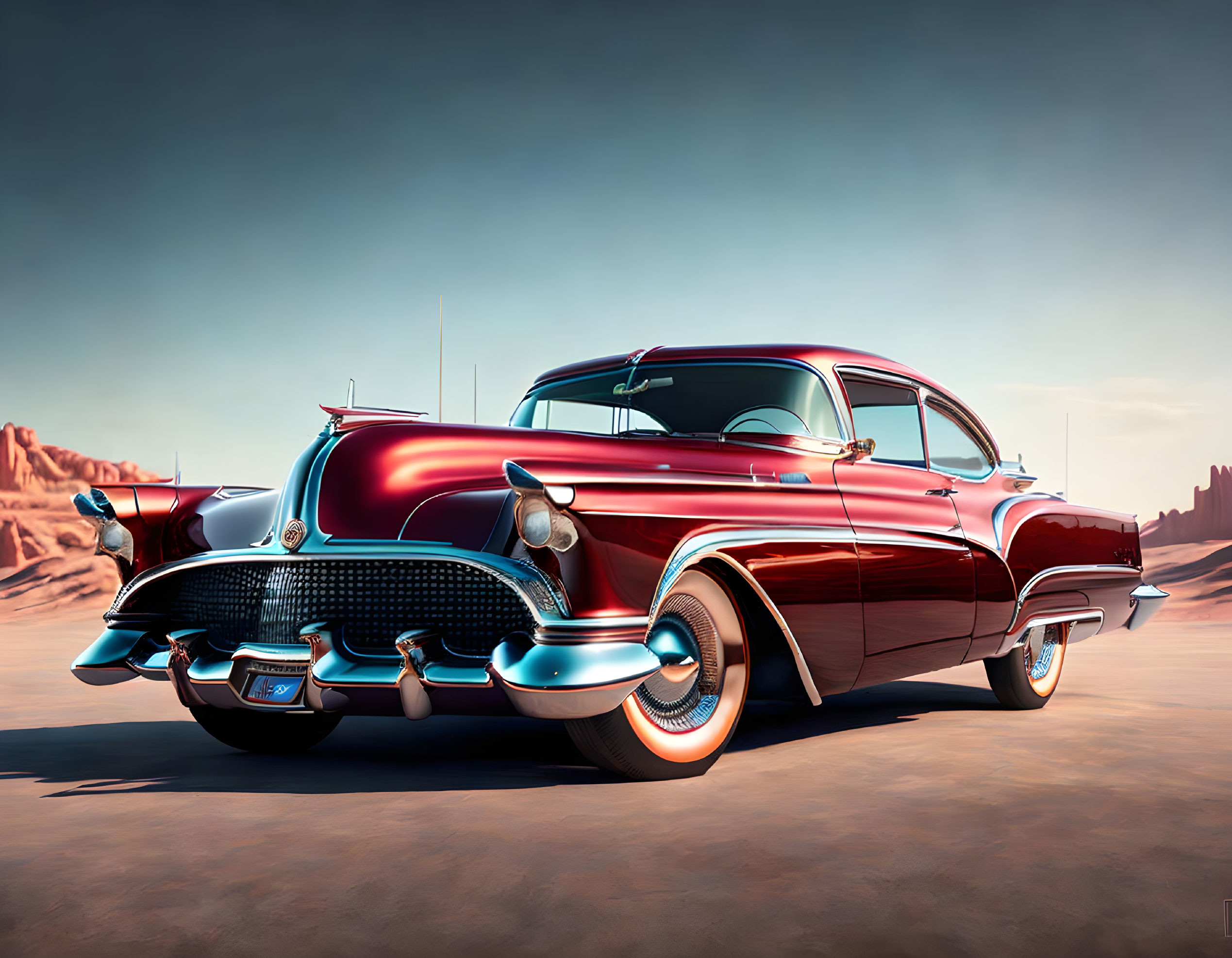 Vintage Red Car with Chrome Details in Desert Landscape