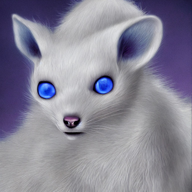 Fantasy creature with fluffy white fur and blue eyes on purple background