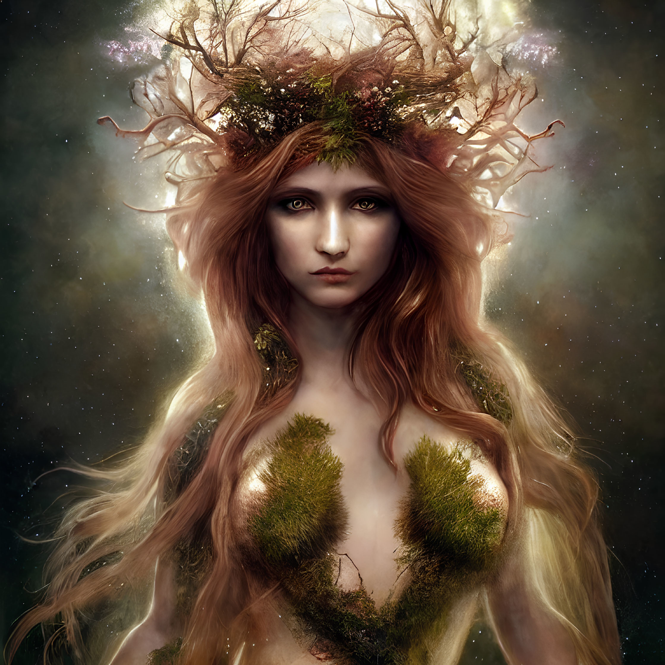 Fantastical portrait of female figure with cosmic background and tree branch crown