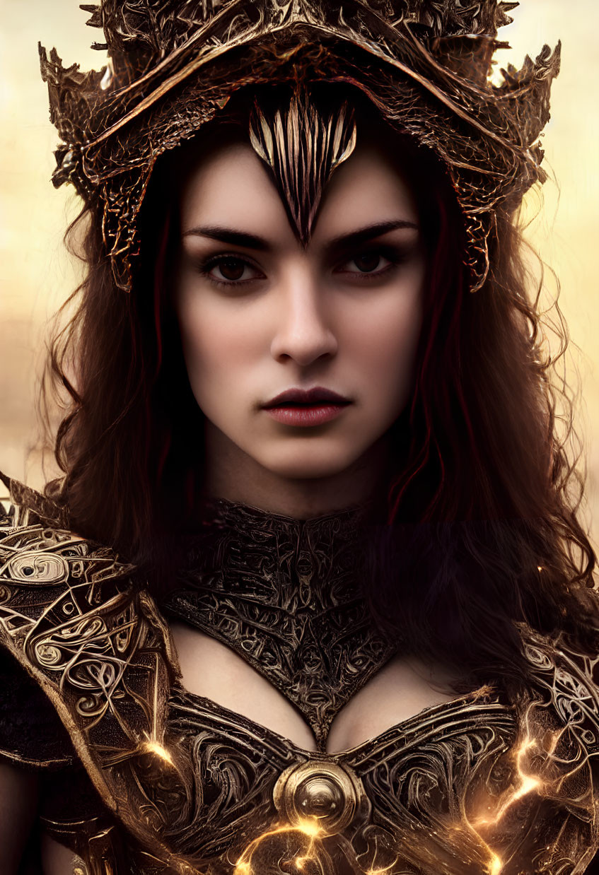 Dark-haired woman in golden crown and glowing armor.