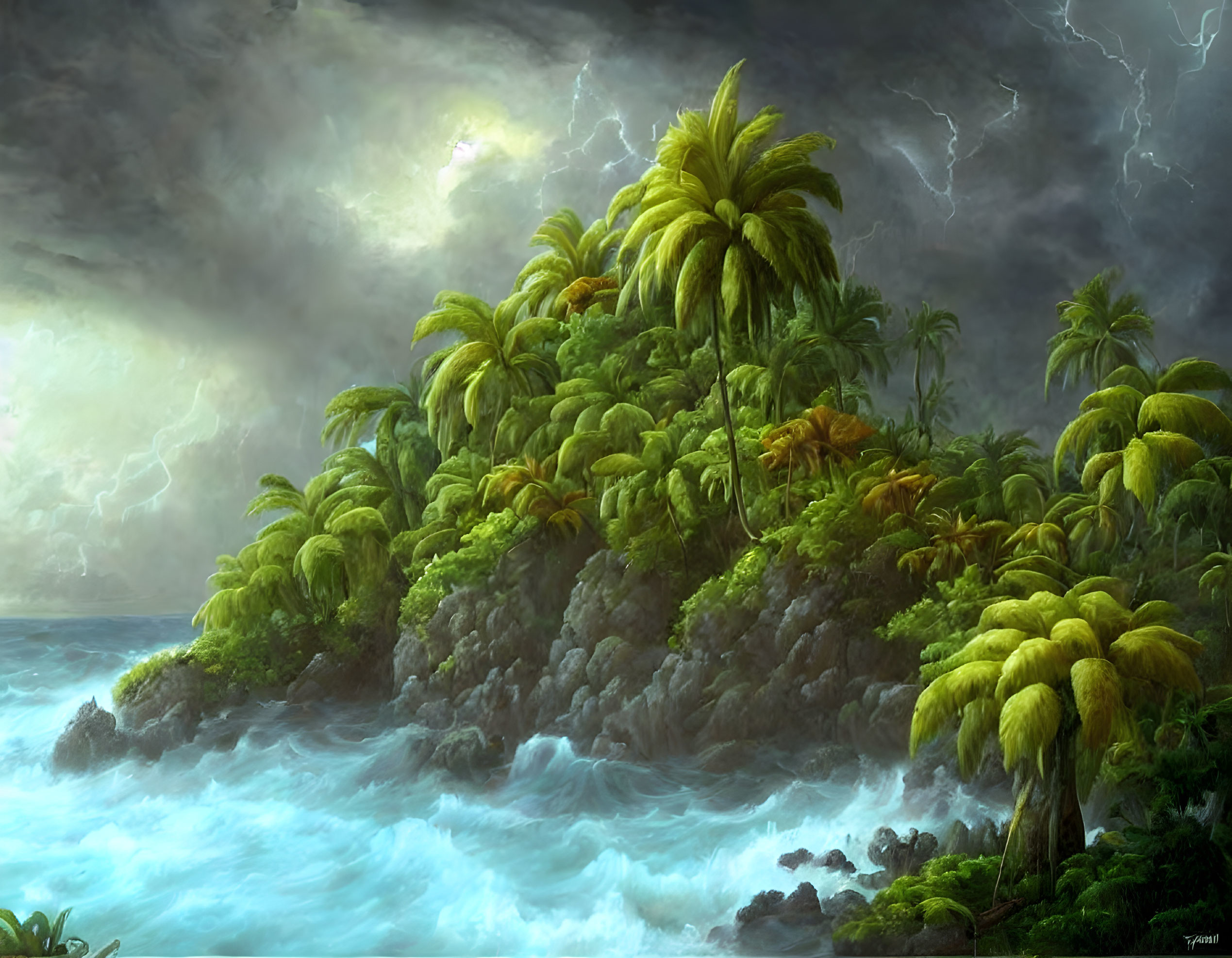 Tropical Island with Palm Trees, Stormy Sky, Lightning, and Turbulent Ocean Waves