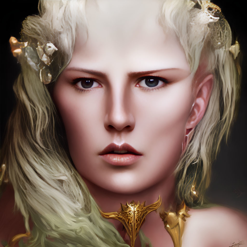 Fantasy character portrait: pale skin, blue eyes, blonde hair, golden accents.