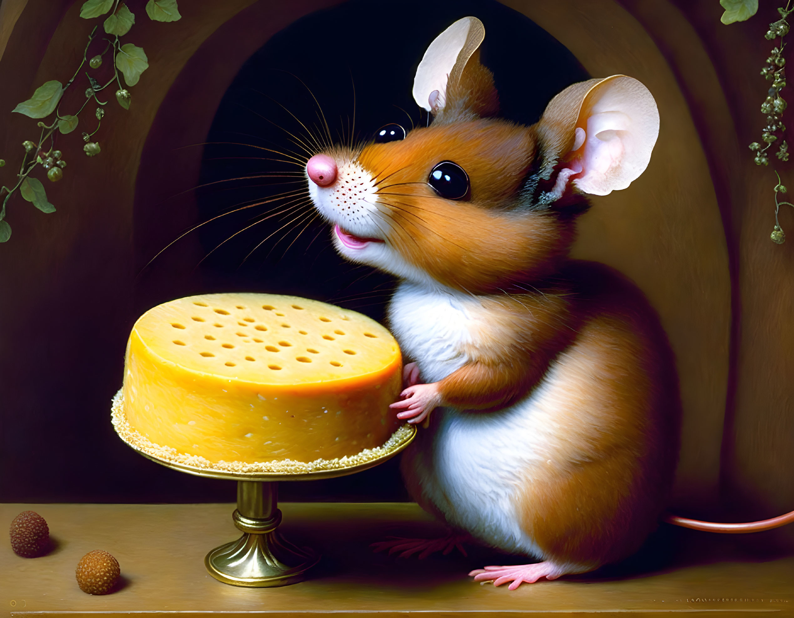 Illustrated mouse with large ears and human-like hands next to round cheese on pedestal, acorns and