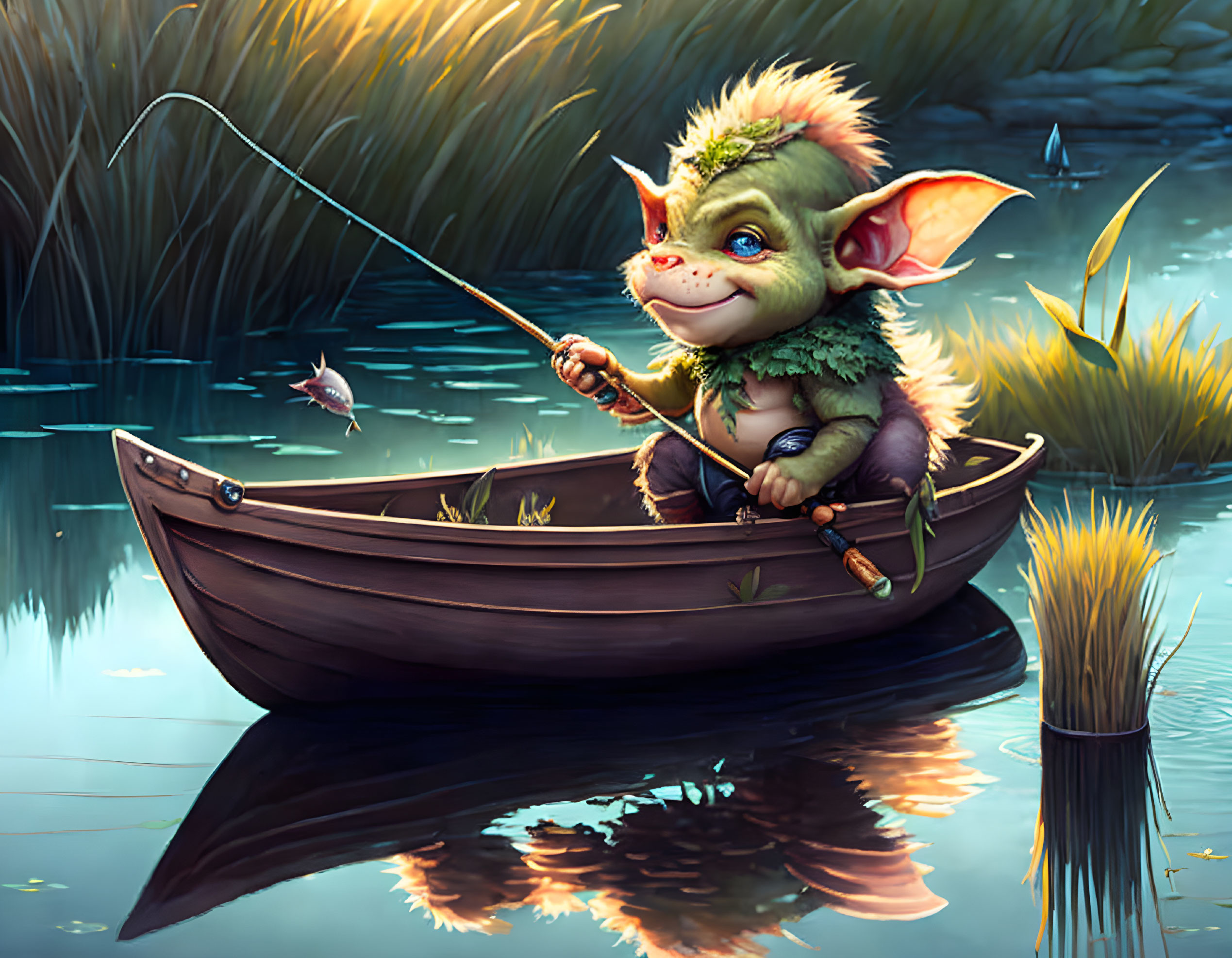 Cheerful fantasy goblin fishing in small boat at dusk