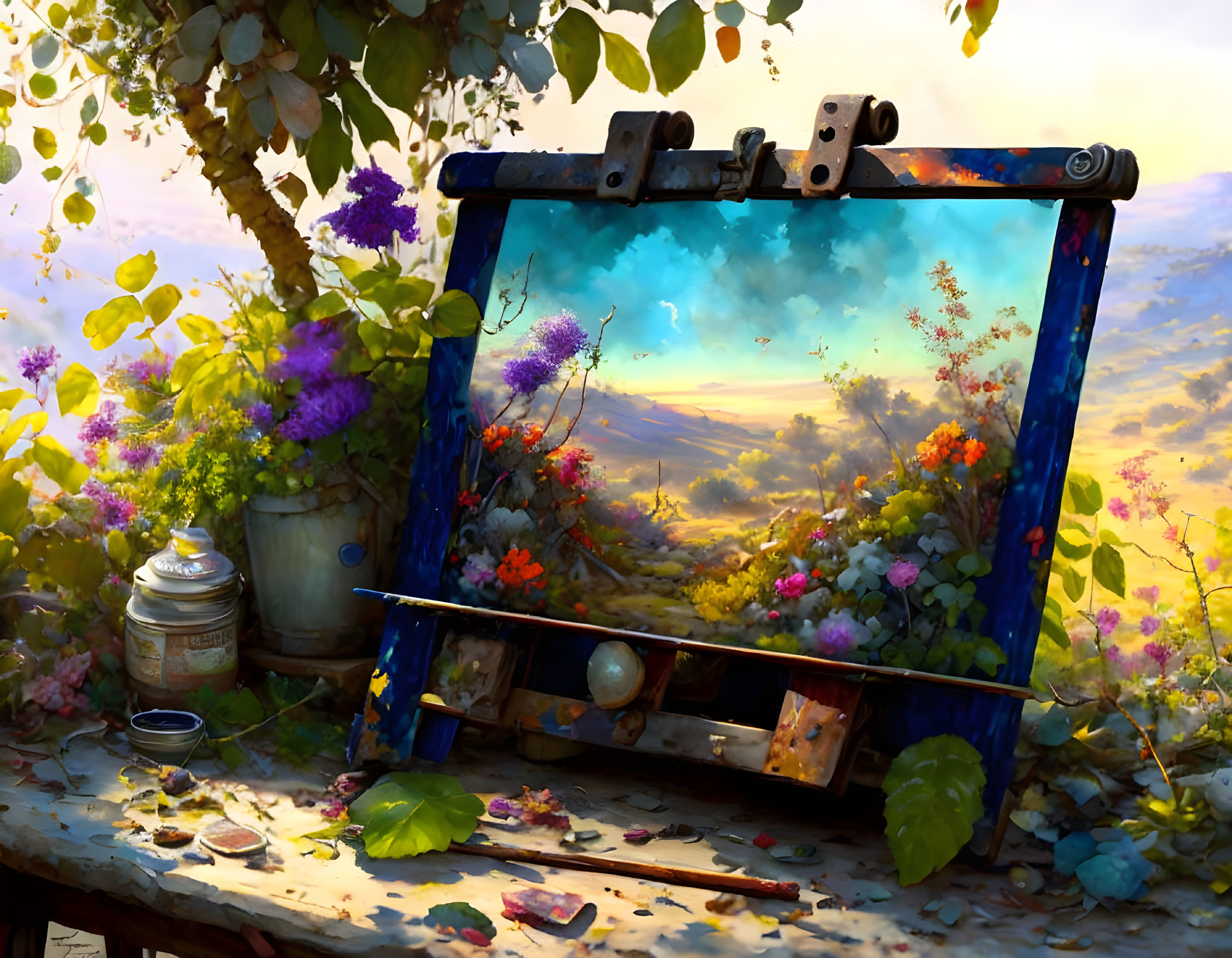 Vivid painting on easel in flourishing garden with flowers and artist's palette