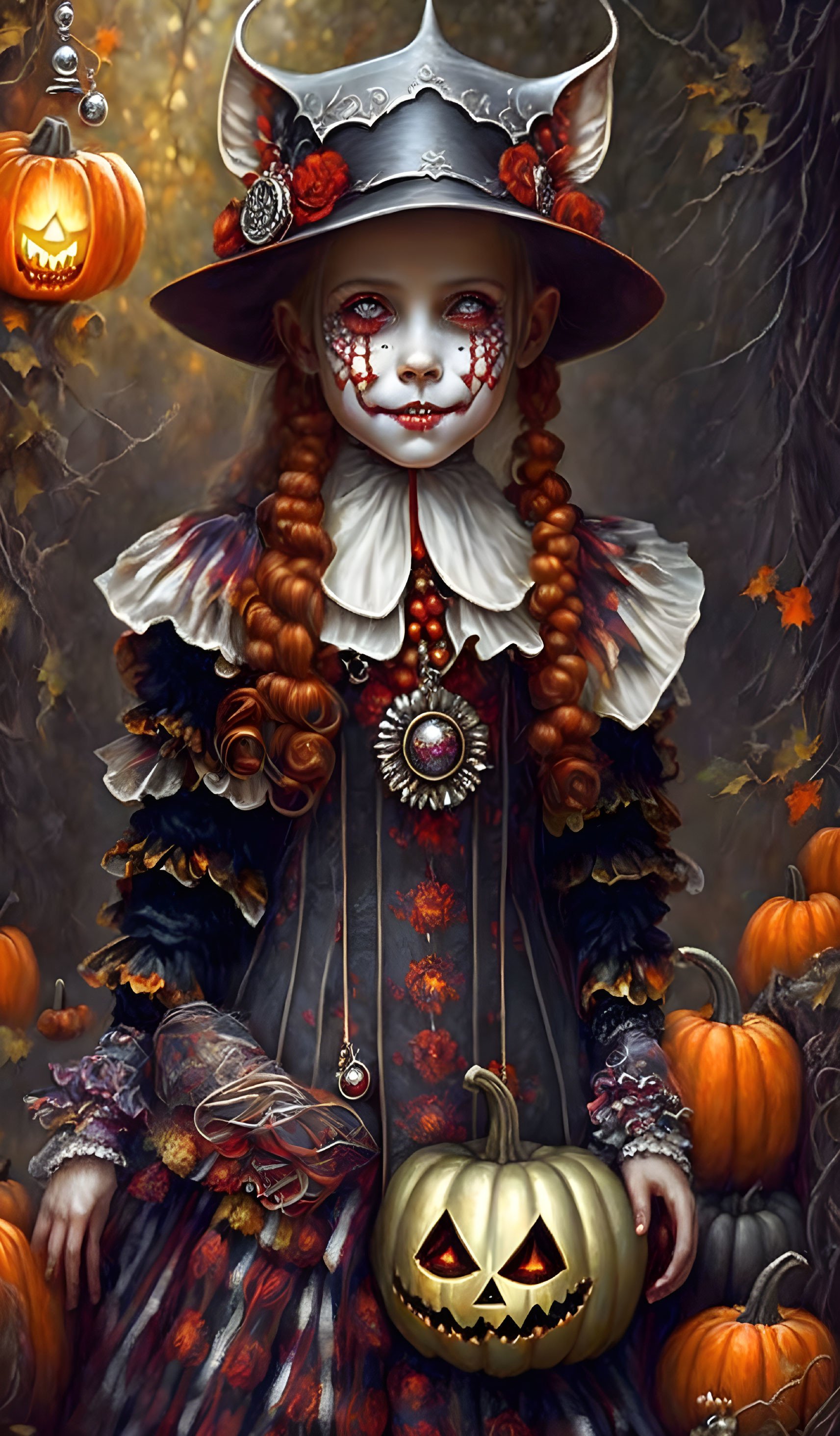 Girl in Skull Face Paint Halloween Costume with Pumpkin in Autumn Setting