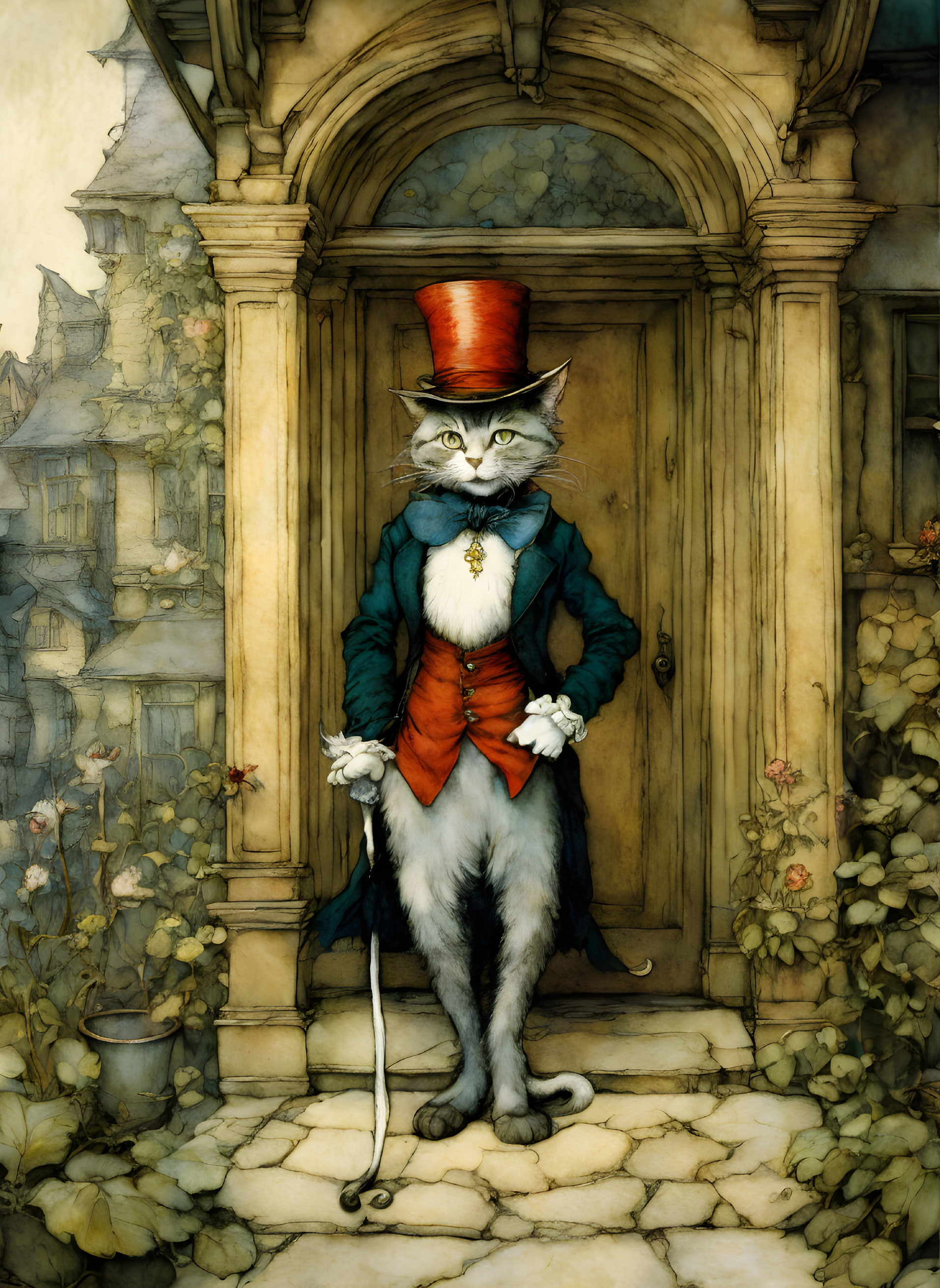 Elegant anthropomorphic cat in top hat and cane by old wooden door