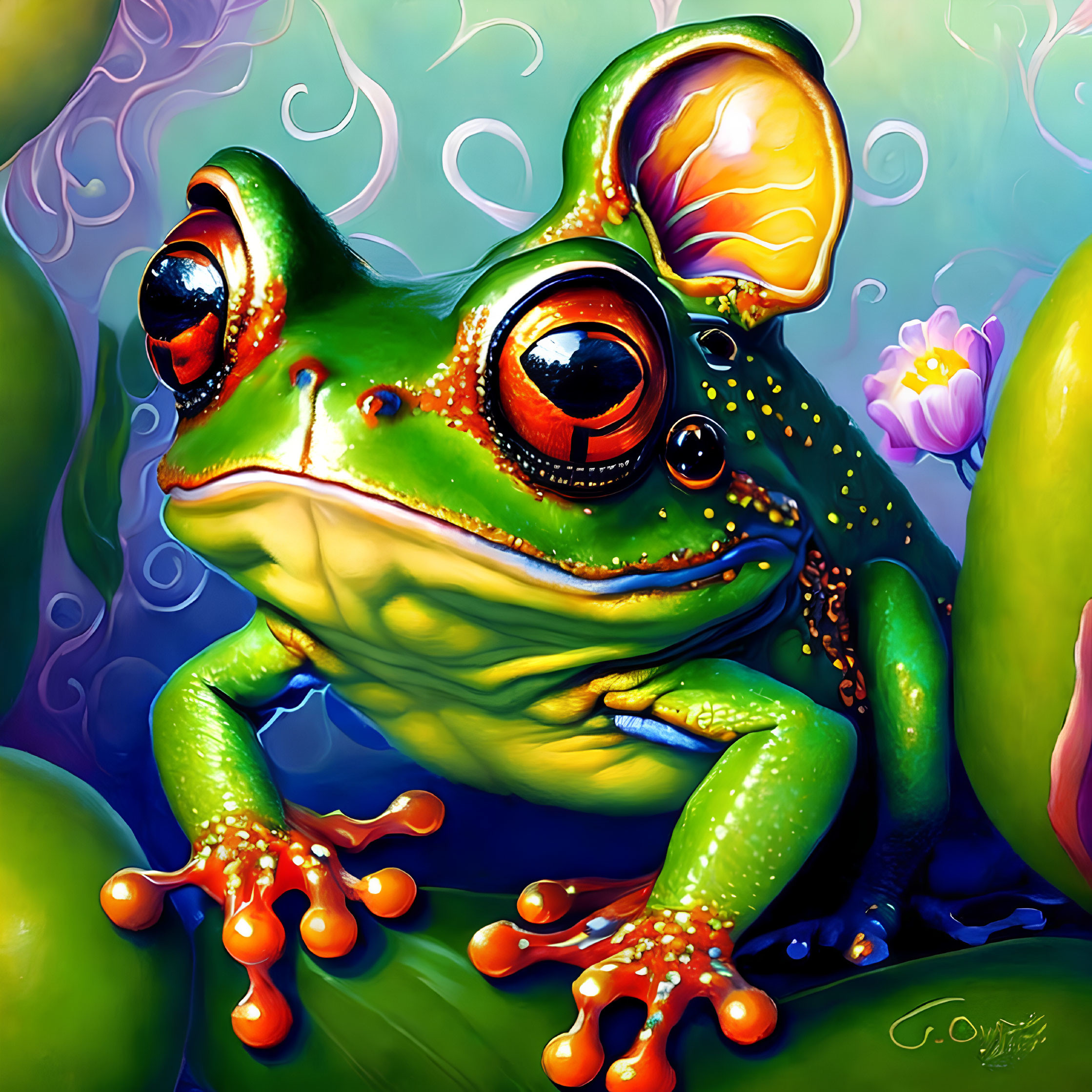 Vibrant green frog illustration on floral blue-green backdrop