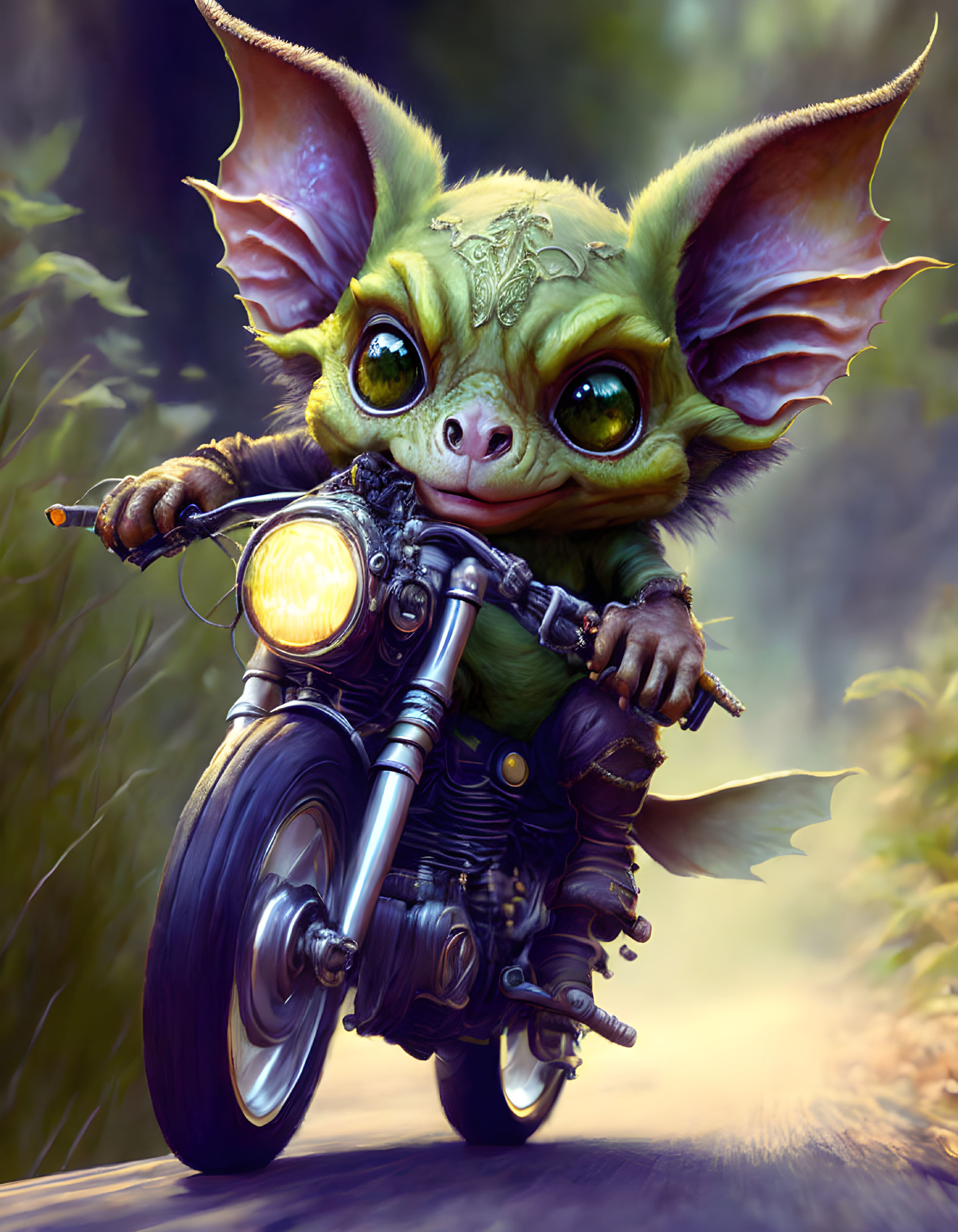 Colorful Creature Riding Mini Motorcycle in Forest Scene