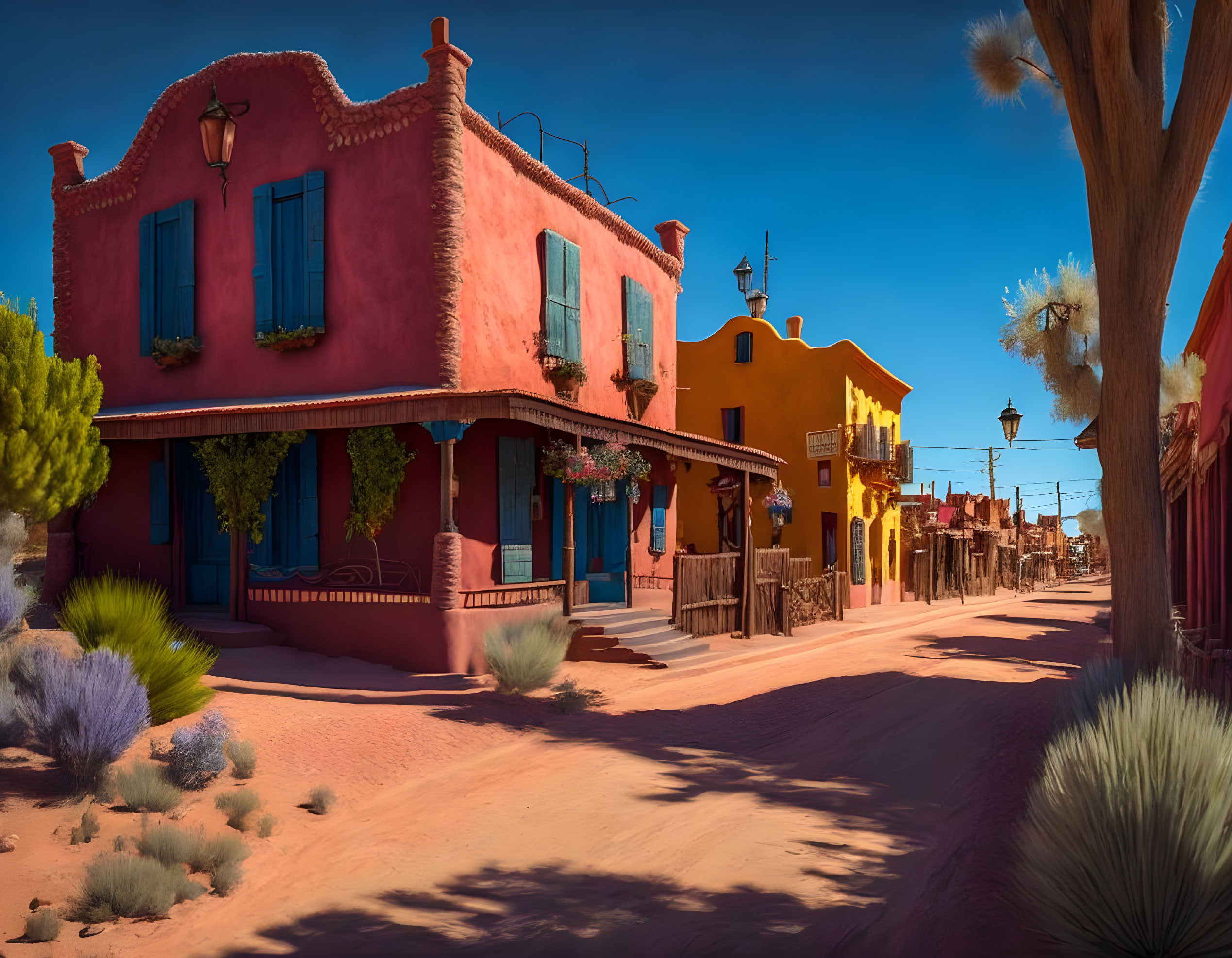 Vibrant pink and yellow adobe buildings on desert street