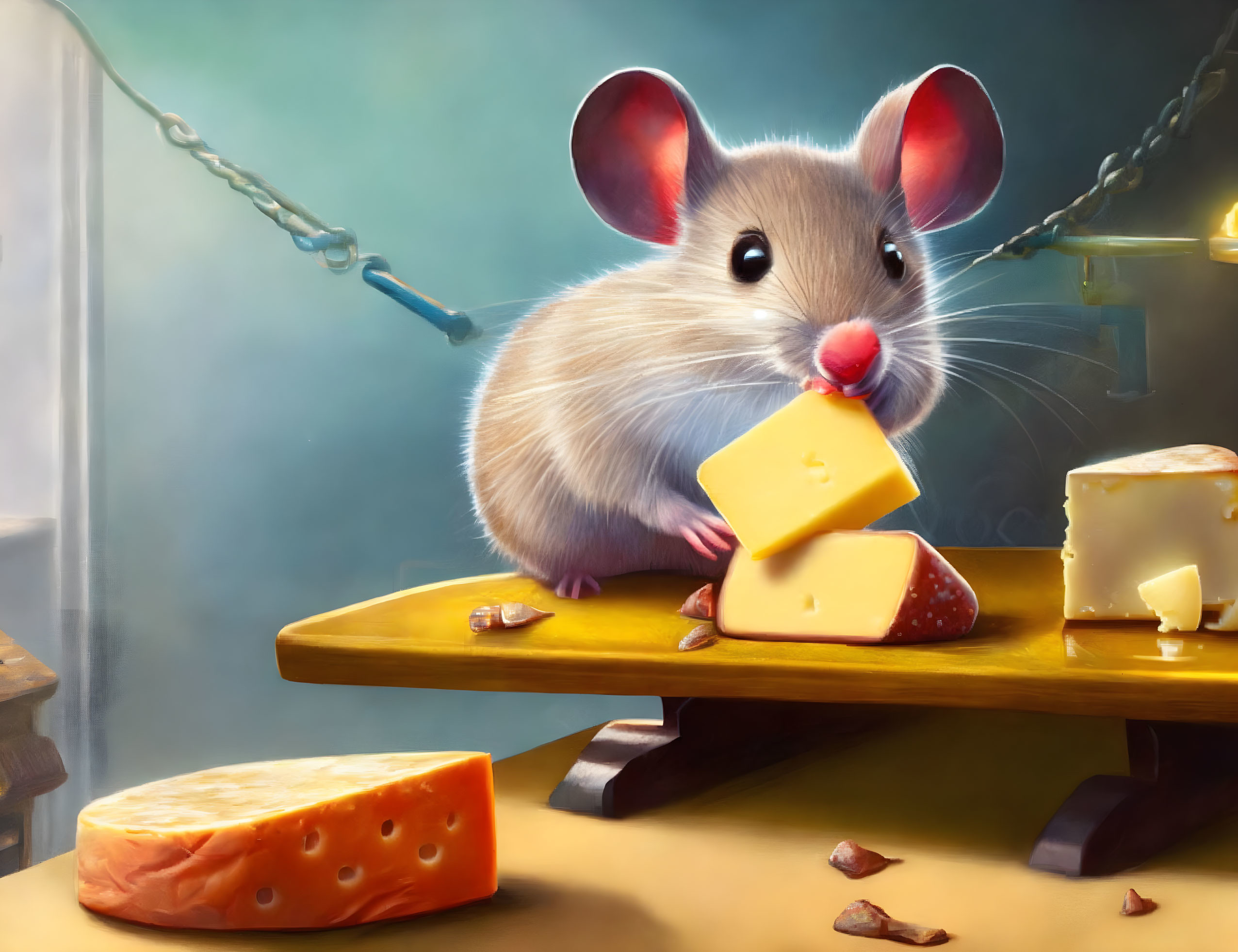 Cartoon mouse holding yellow cheese on wooden board