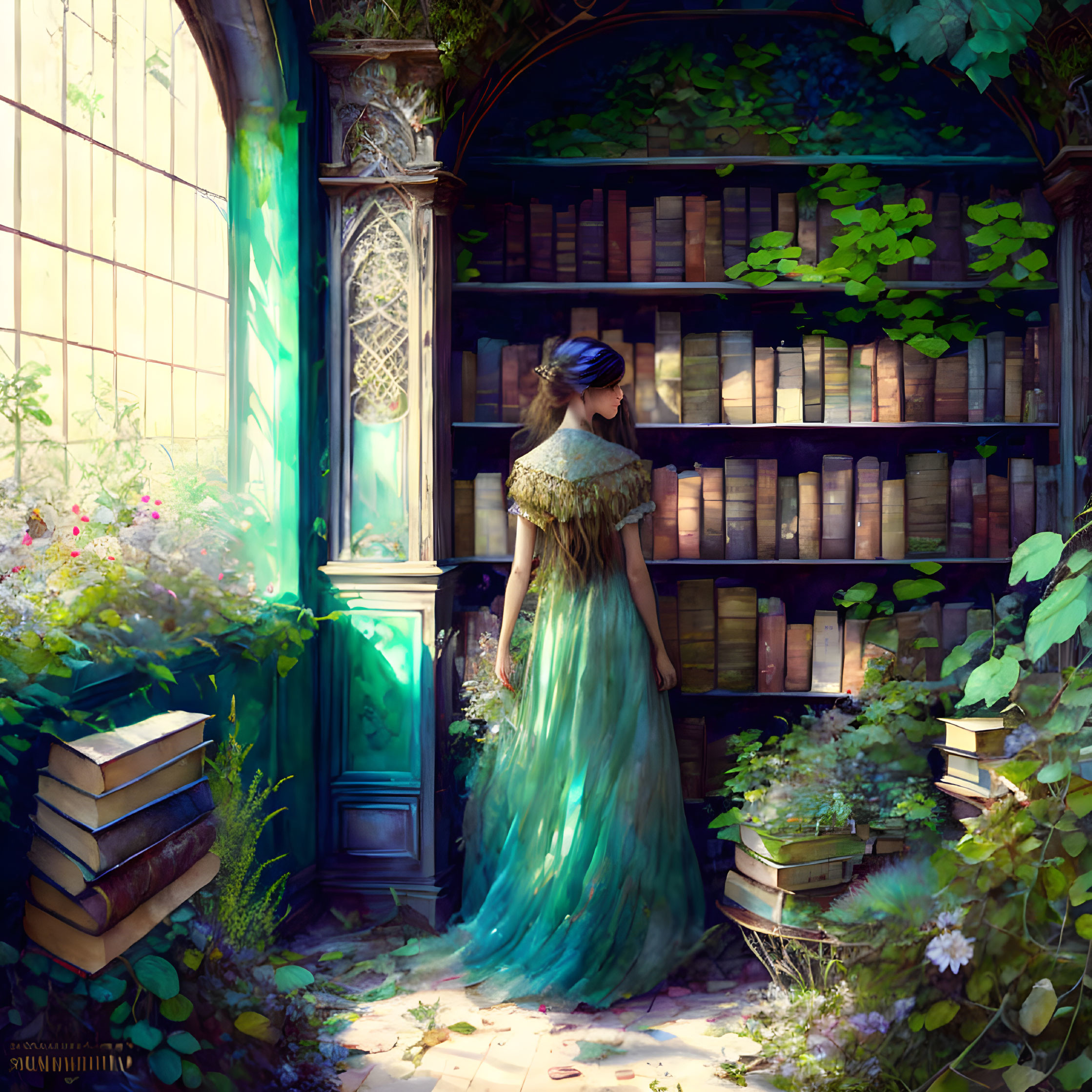 Woman in flowing dress gazes at bookshelf in sunlit room