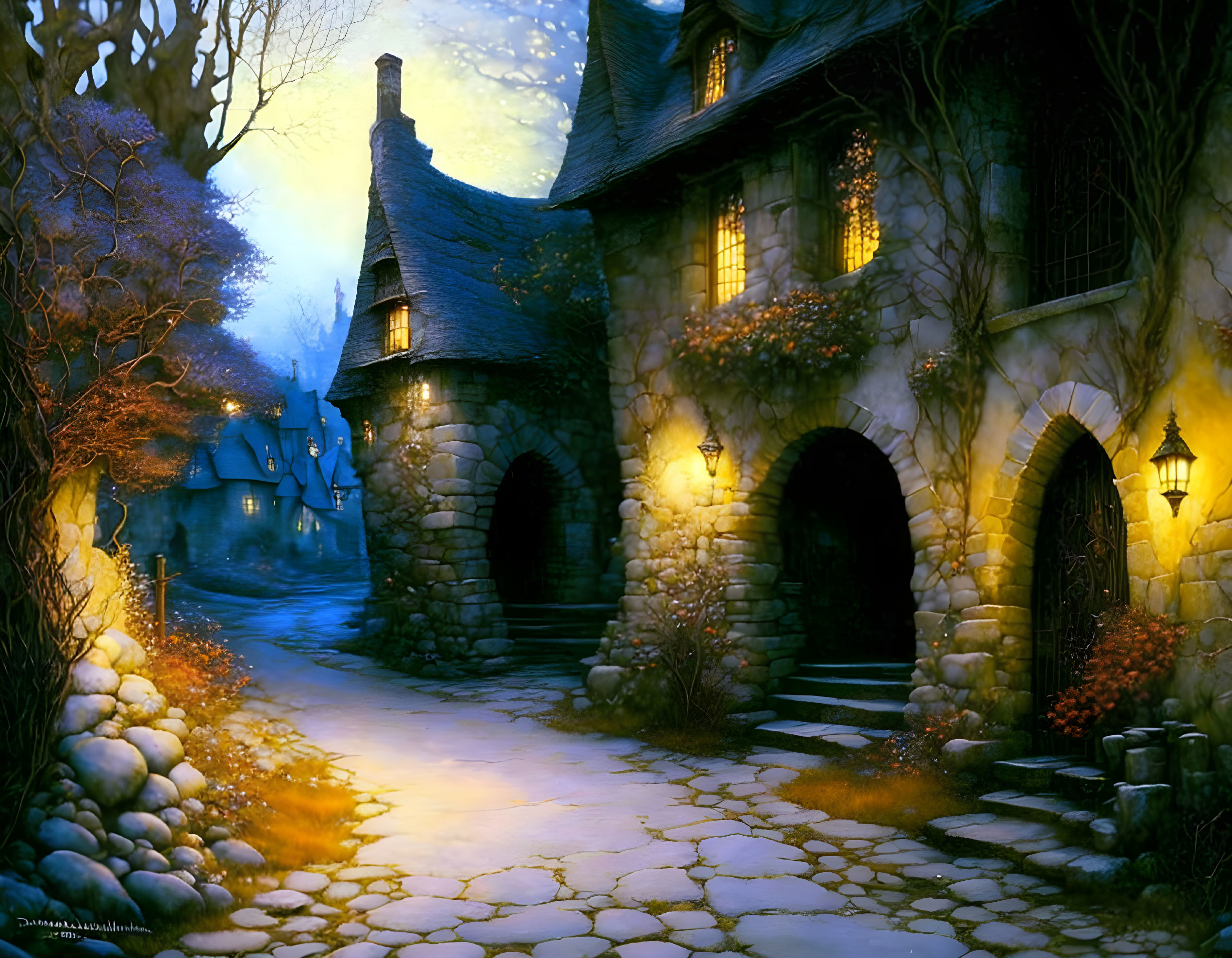 Cozy cottage with glowing lanterns, ivy facade, and cobblestone path