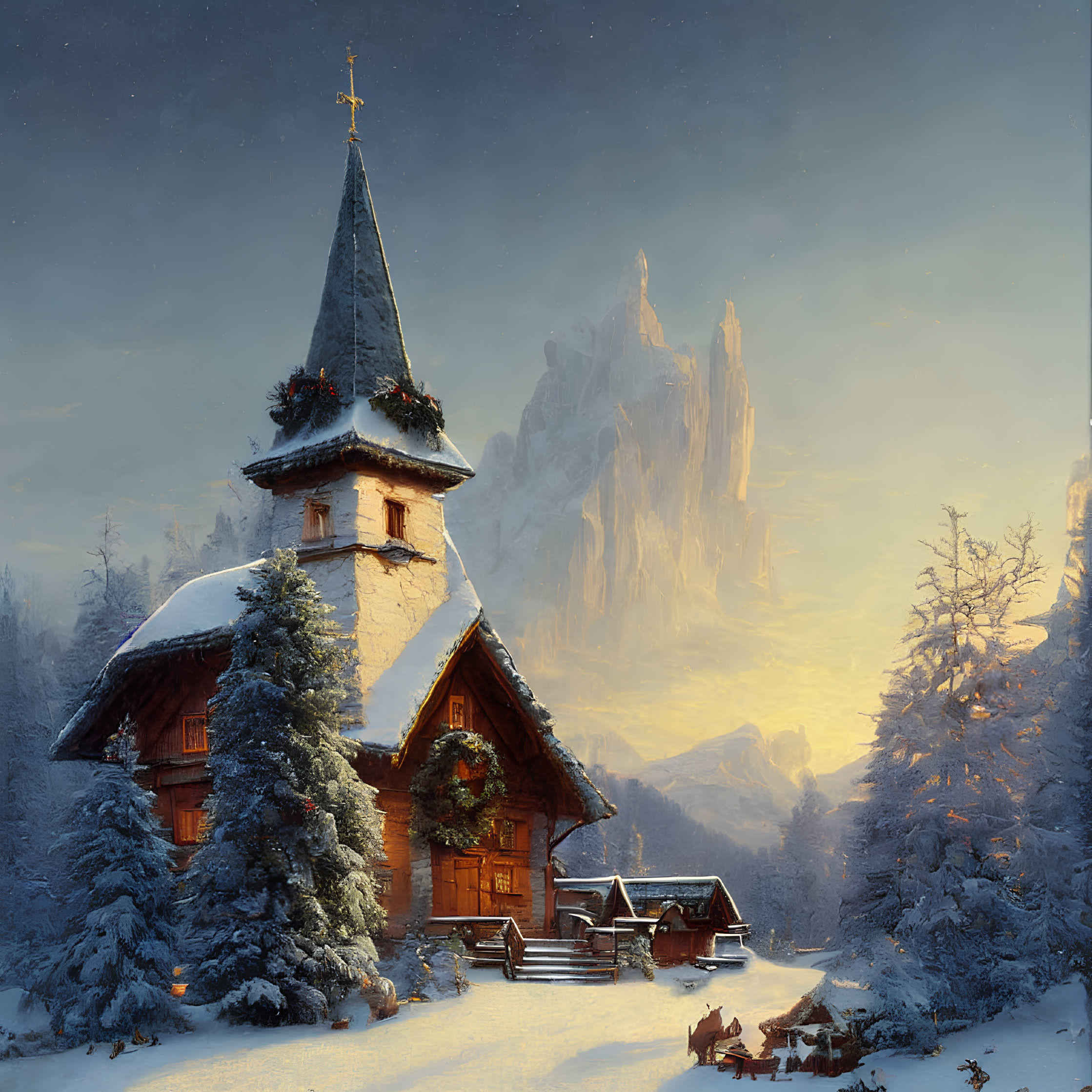 Snow-covered chapel with lit steeple in snowy landscape at dusk