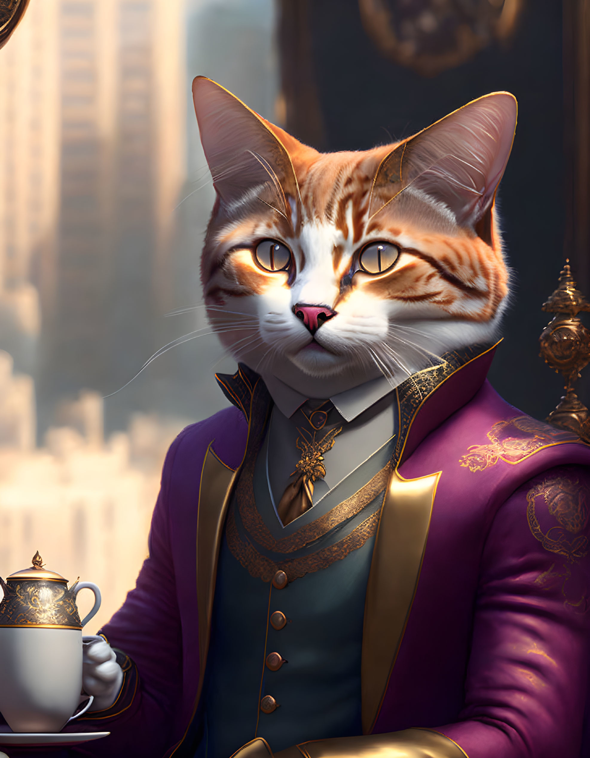 Regal anthropomorphic cat in purple jacket holding teapot against urban backdrop