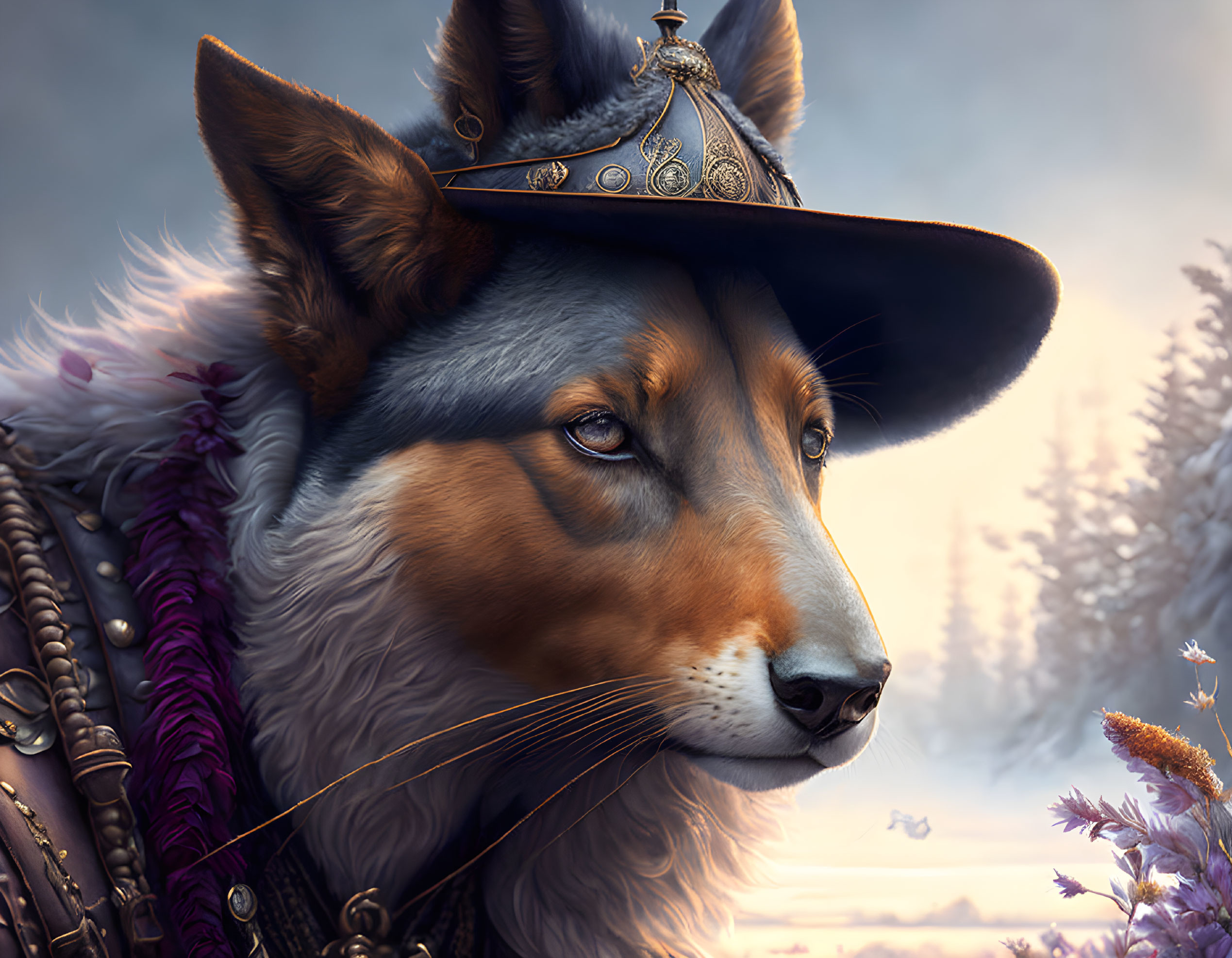 Anthropomorphic wolf in medieval attire against forest backdrop