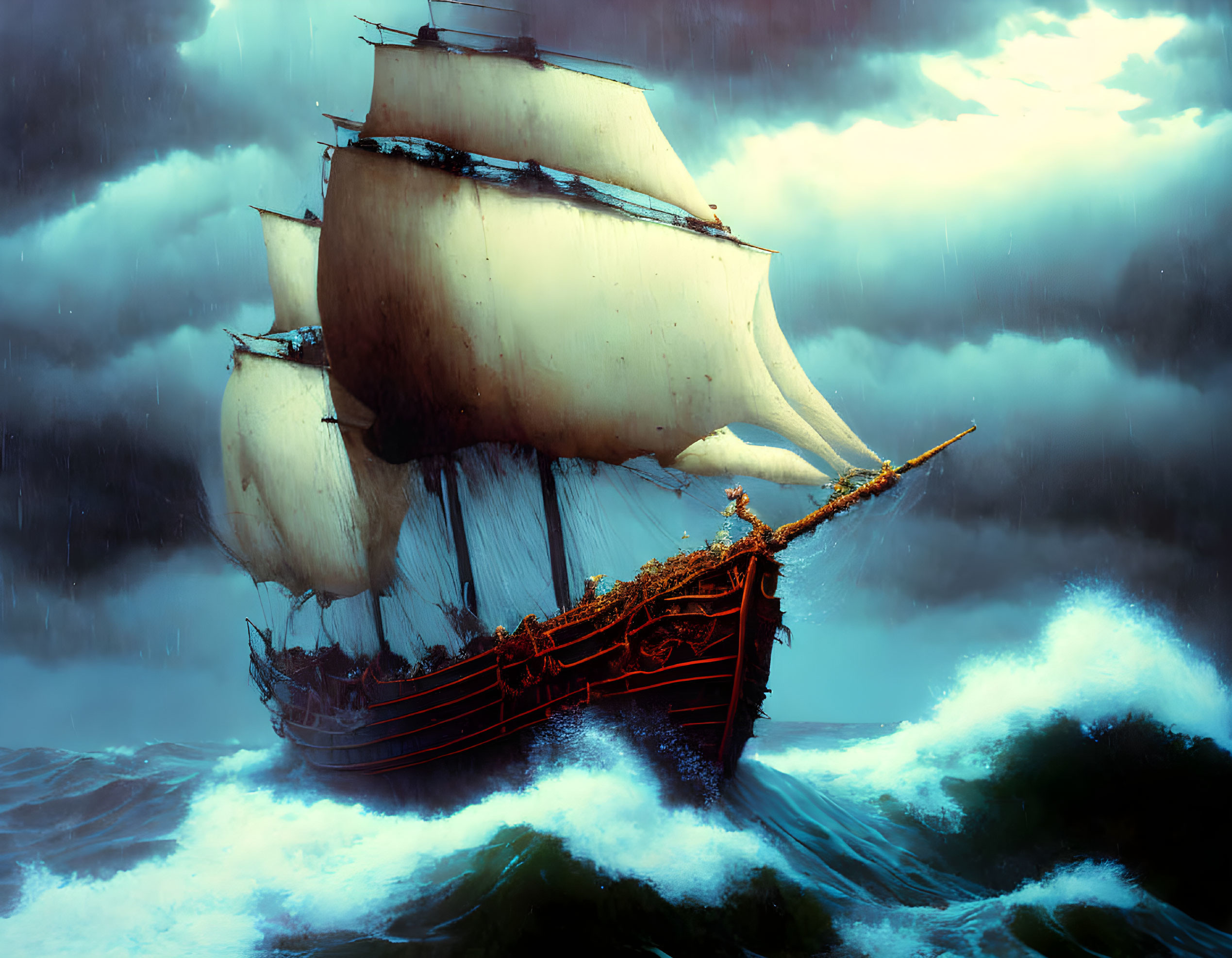 Majestic sailing ship with white sails in stormy ocean waves