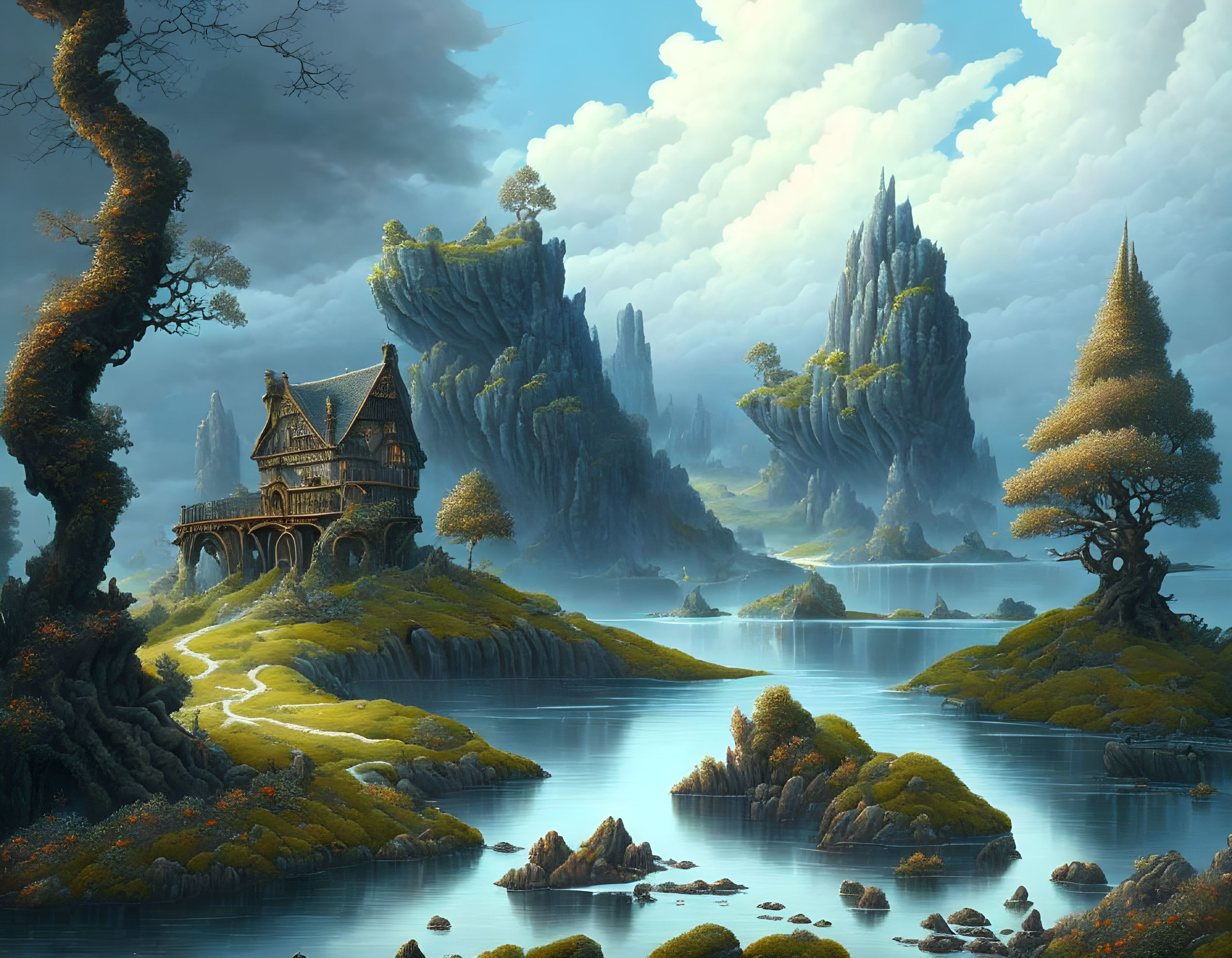 Tranquil fantasy landscape with cottage, lake, islands, cliffs, trees under cloudy sky