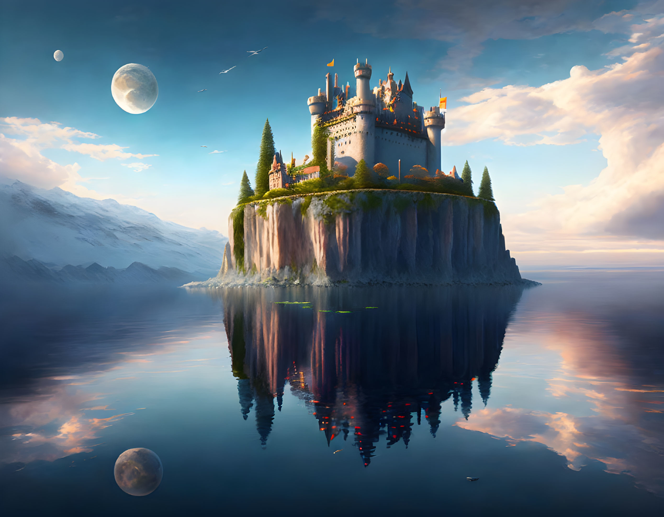 Majestic castle on cliff overlooking serene sea with moonlit sky