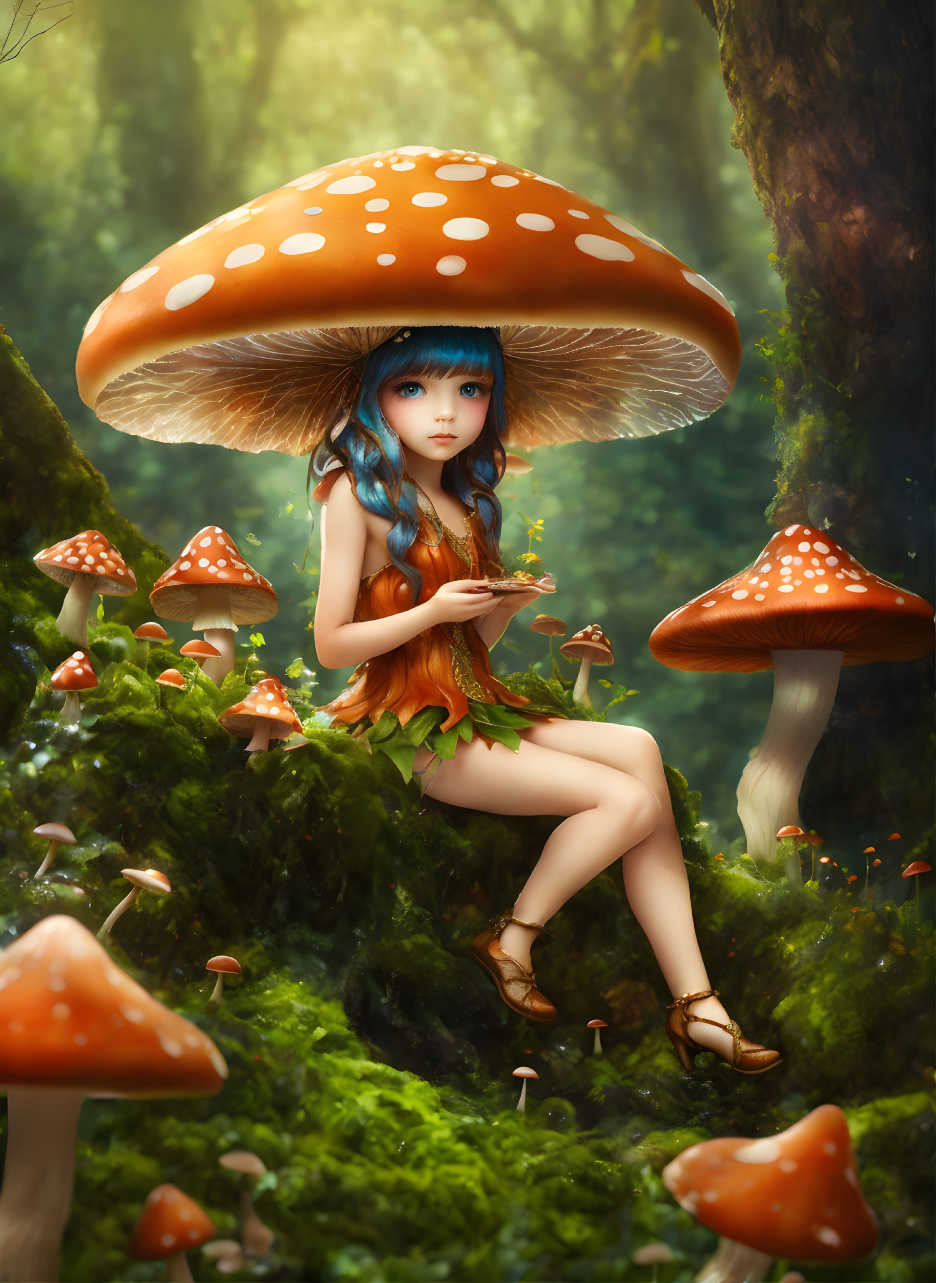 Fantasy illustration of girl with mushroom hat in enchanted forest