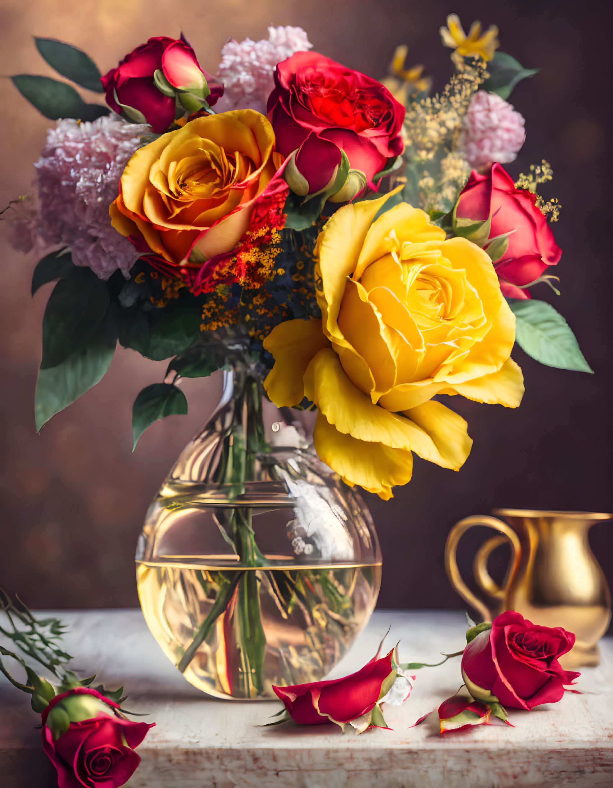 Colorful bouquet of roses and assorted flowers in transparent vase on wooden surface