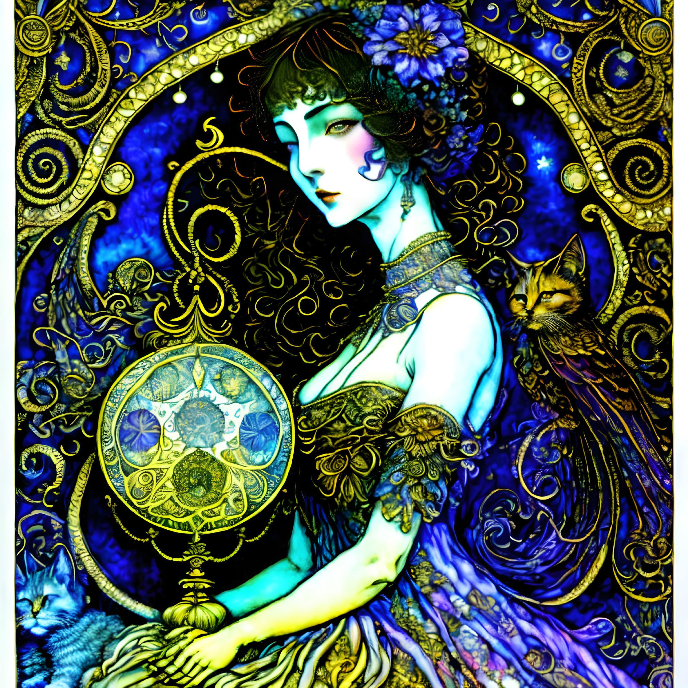 Stylized artwork featuring woman, floral adornment, clock, patterns, and cat in blue and