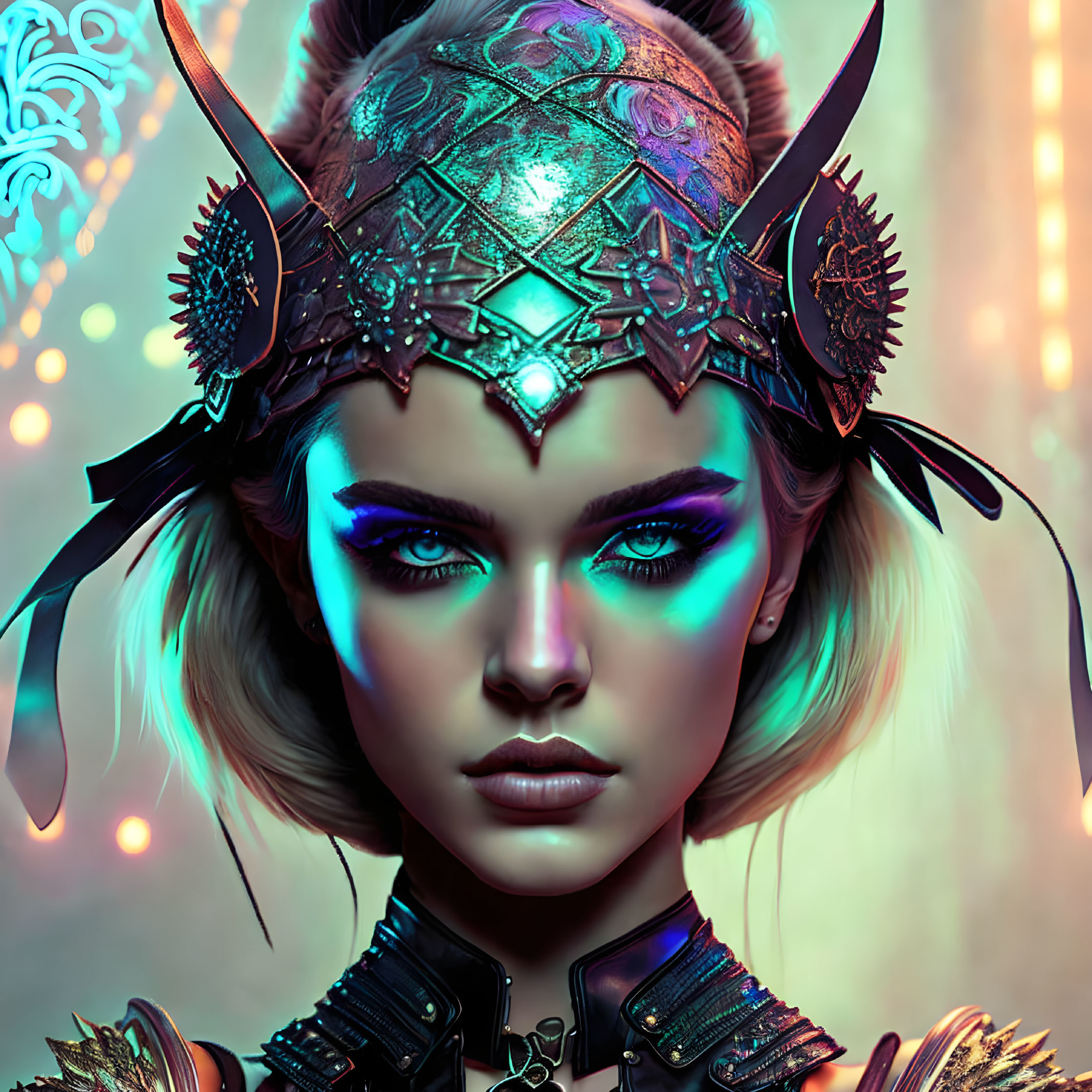 Fantasy-themed digital portrait of a woman with blue eyes and intricate headdress