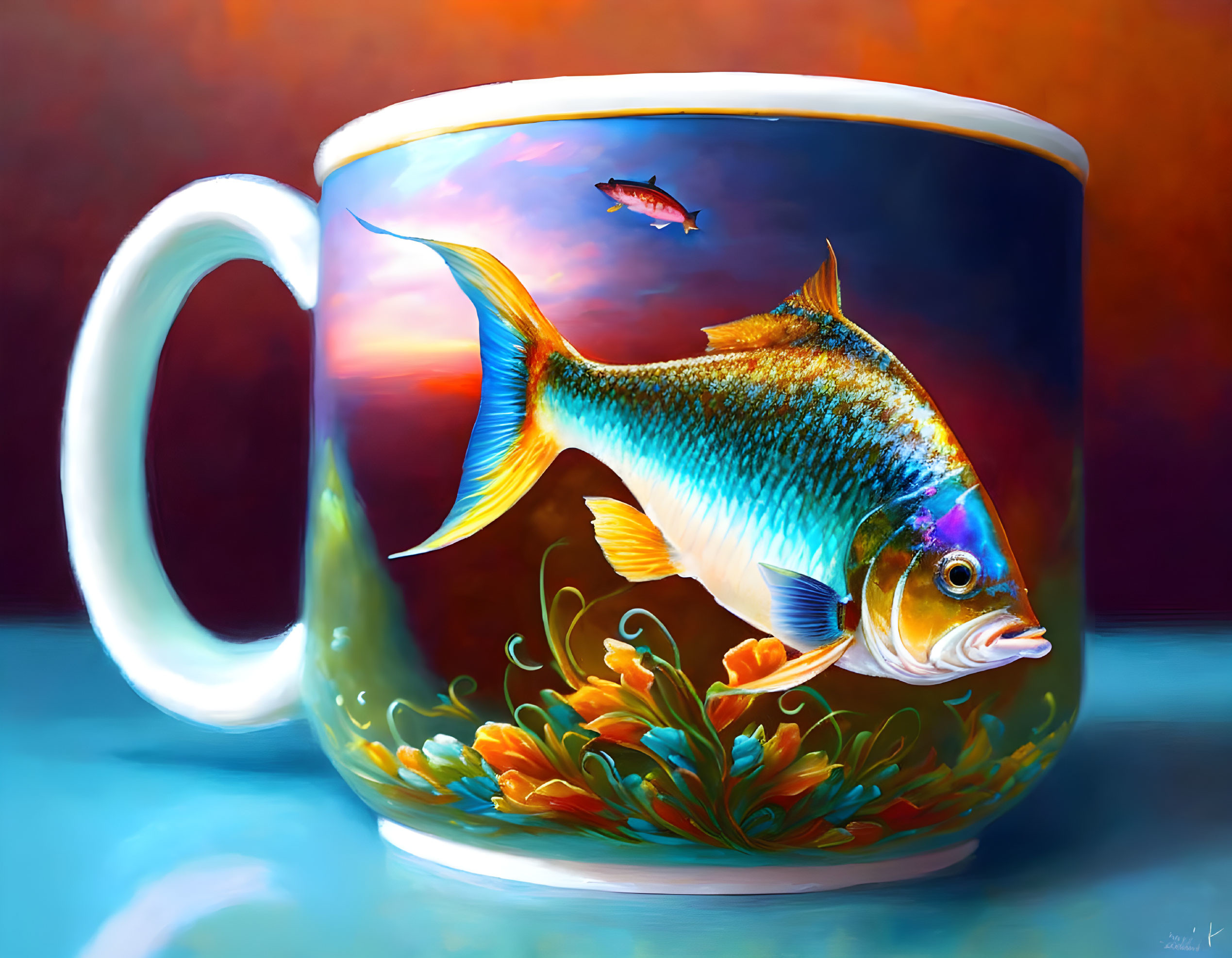 Colorful aquatic scene mug with realistic fish and plants on warm backdrop