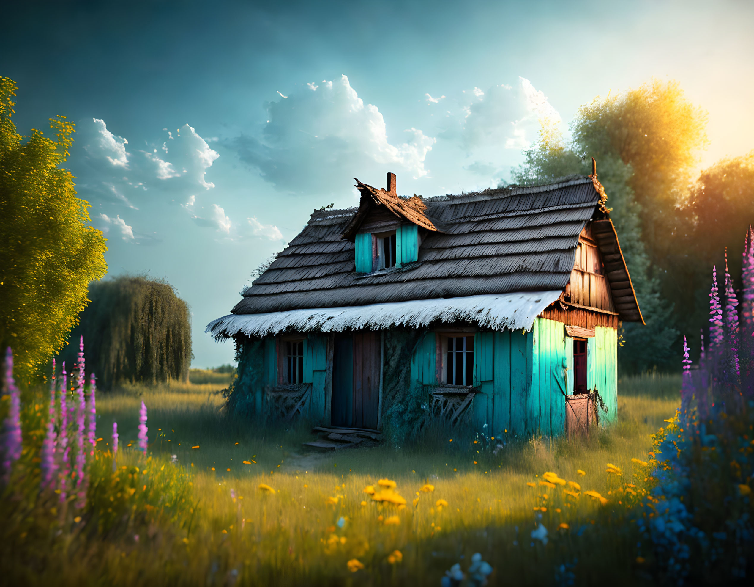 Rustic Cottage with Blue Roof and Turquoise Shutters amid Wildflowers