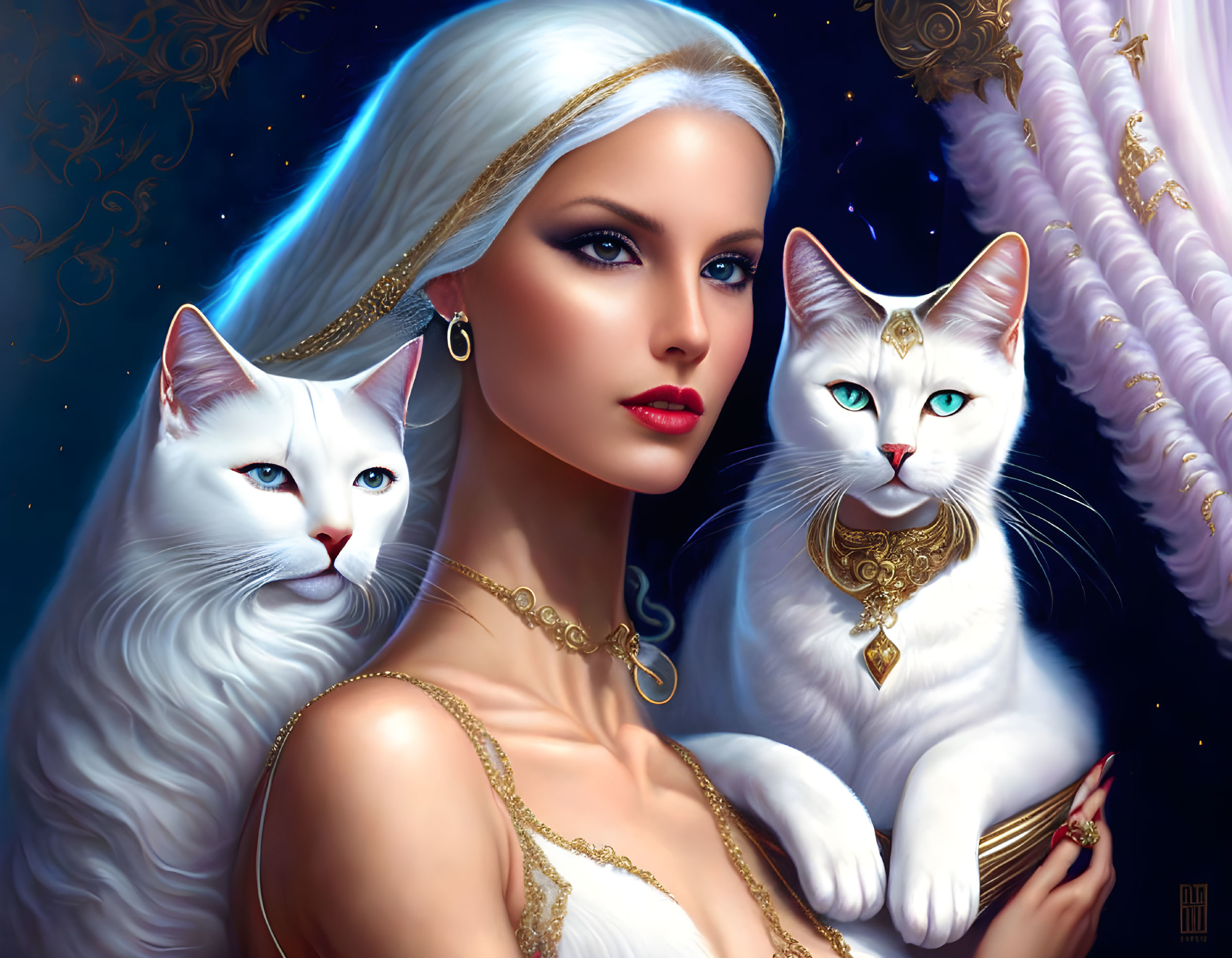 White-Haired Woman with Blue-Eyed Cats and Gold Jewelry on Starry Background