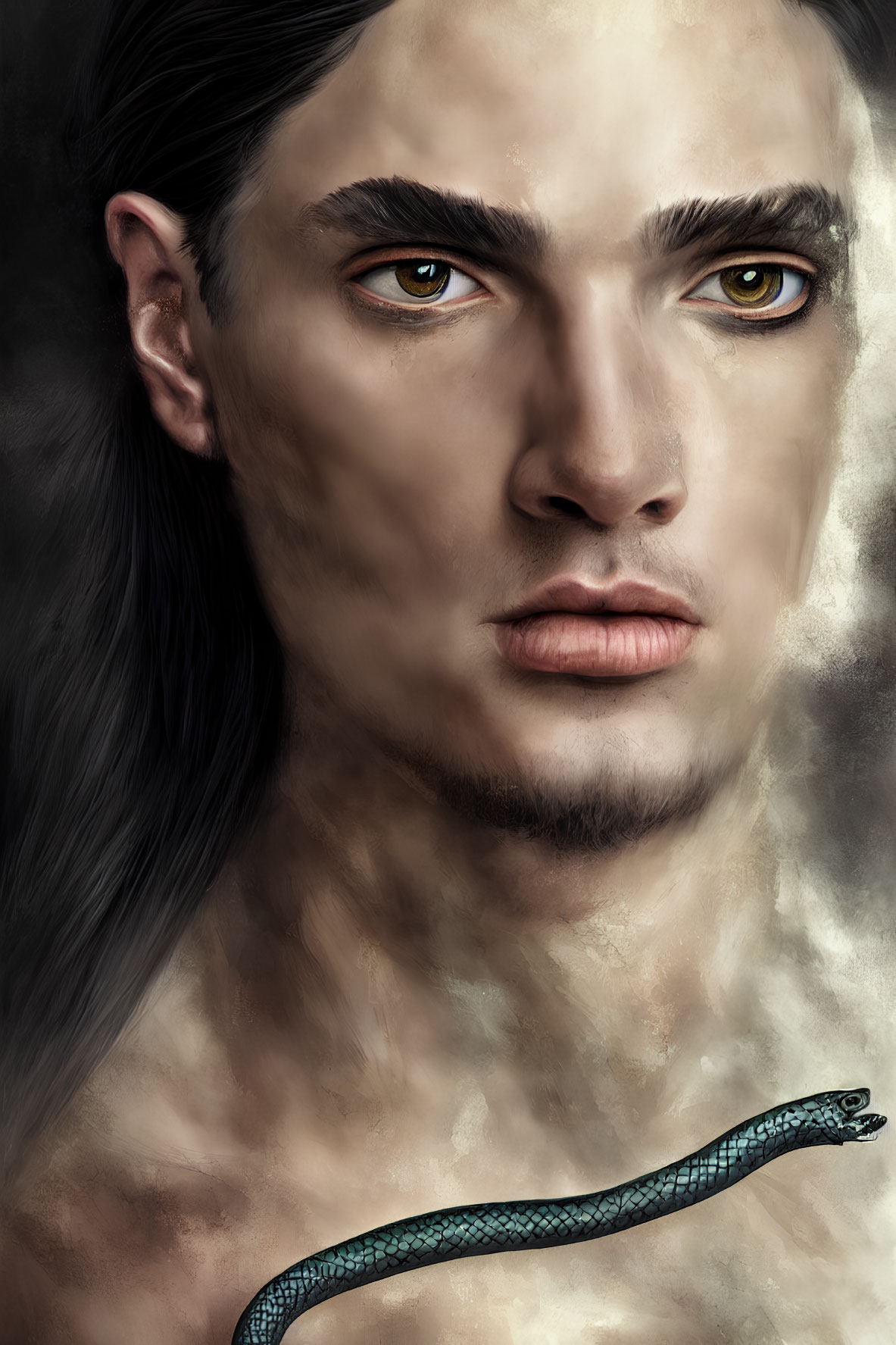 Digital painting of person with long dark hair, amber eyes, and blue snake.