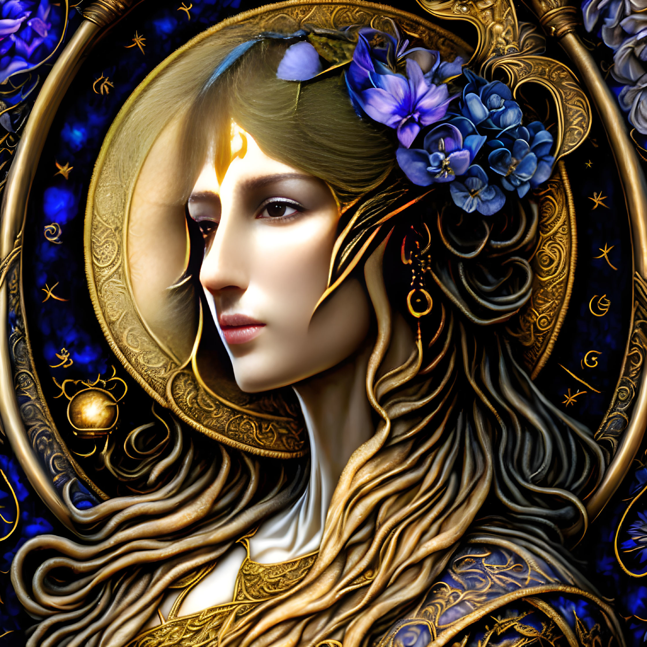 Illustrated female with golden hair and blue flowers in decorative golden crescent frame.