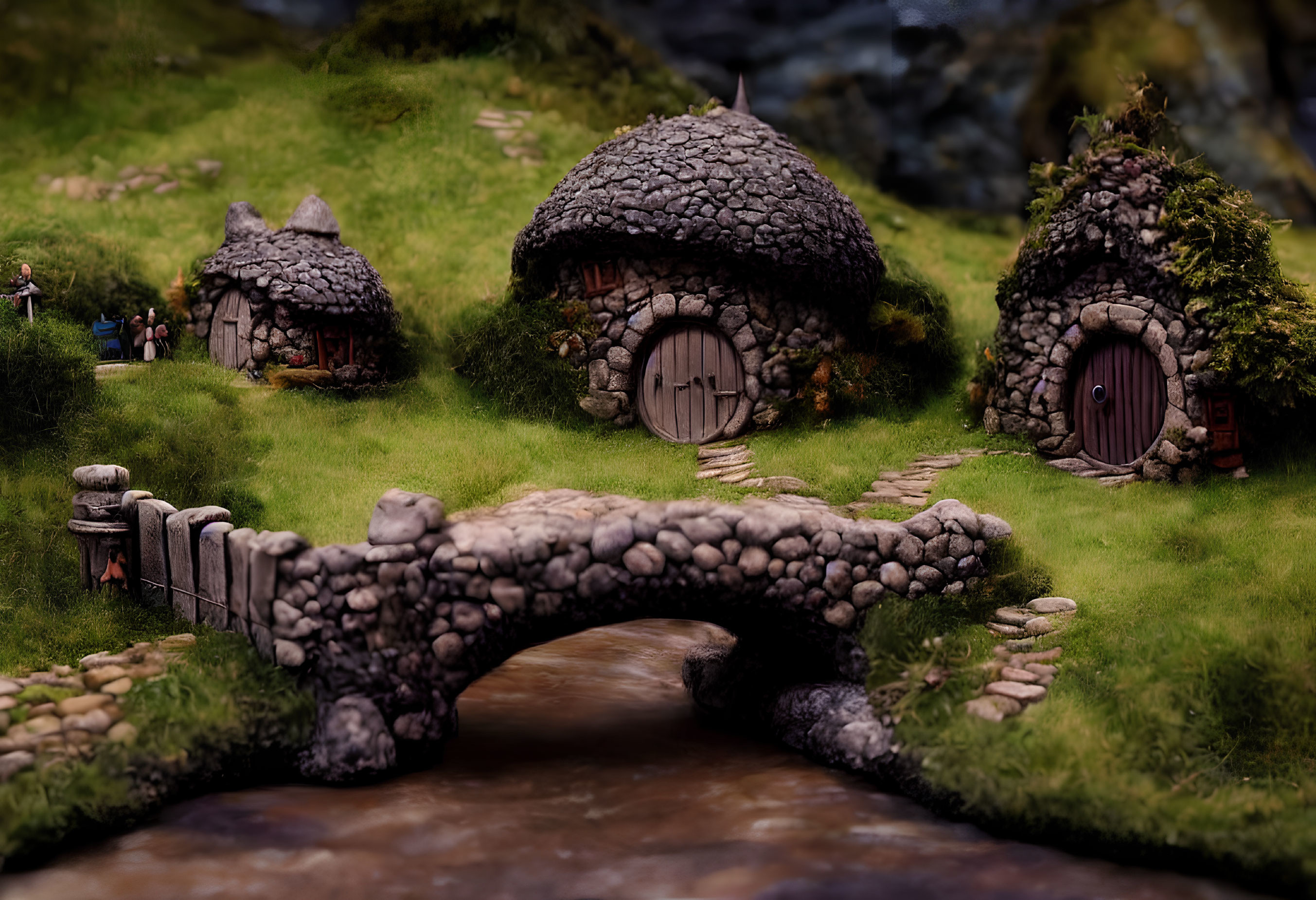 Miniature hobbit-like houses with stone bridge and lush greenery