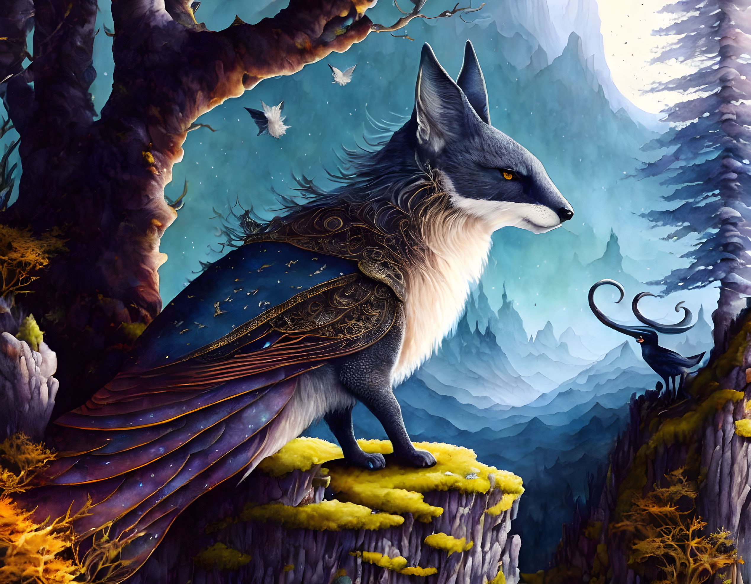 Majestic winged fox with intricate fur and feathers on mossy cliff